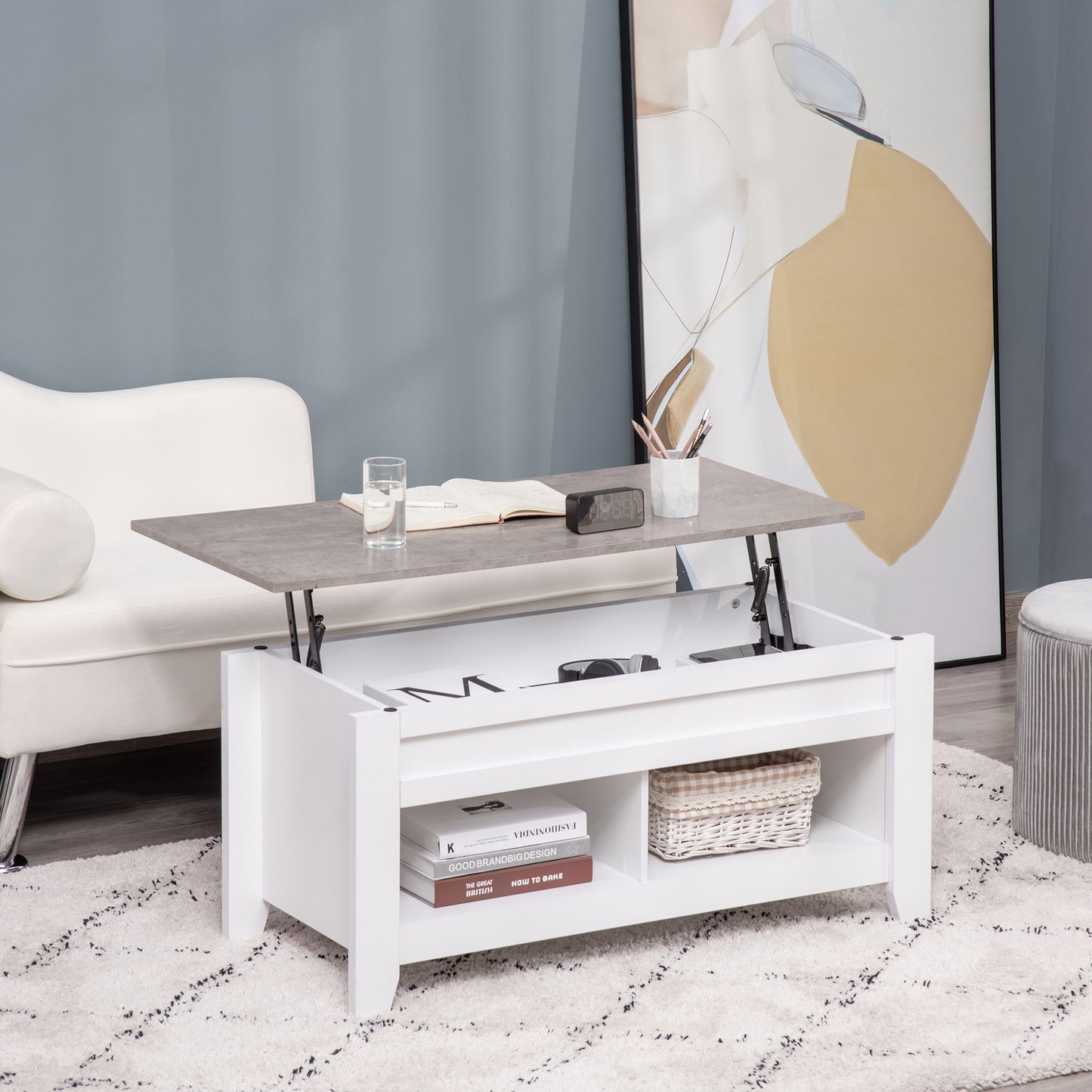 HOMCOM Lift Top Coffee Table with Hidden Storage Compartment and Open Shelves, Lift Tabletop Pop-Up Center Table for Living Room, White