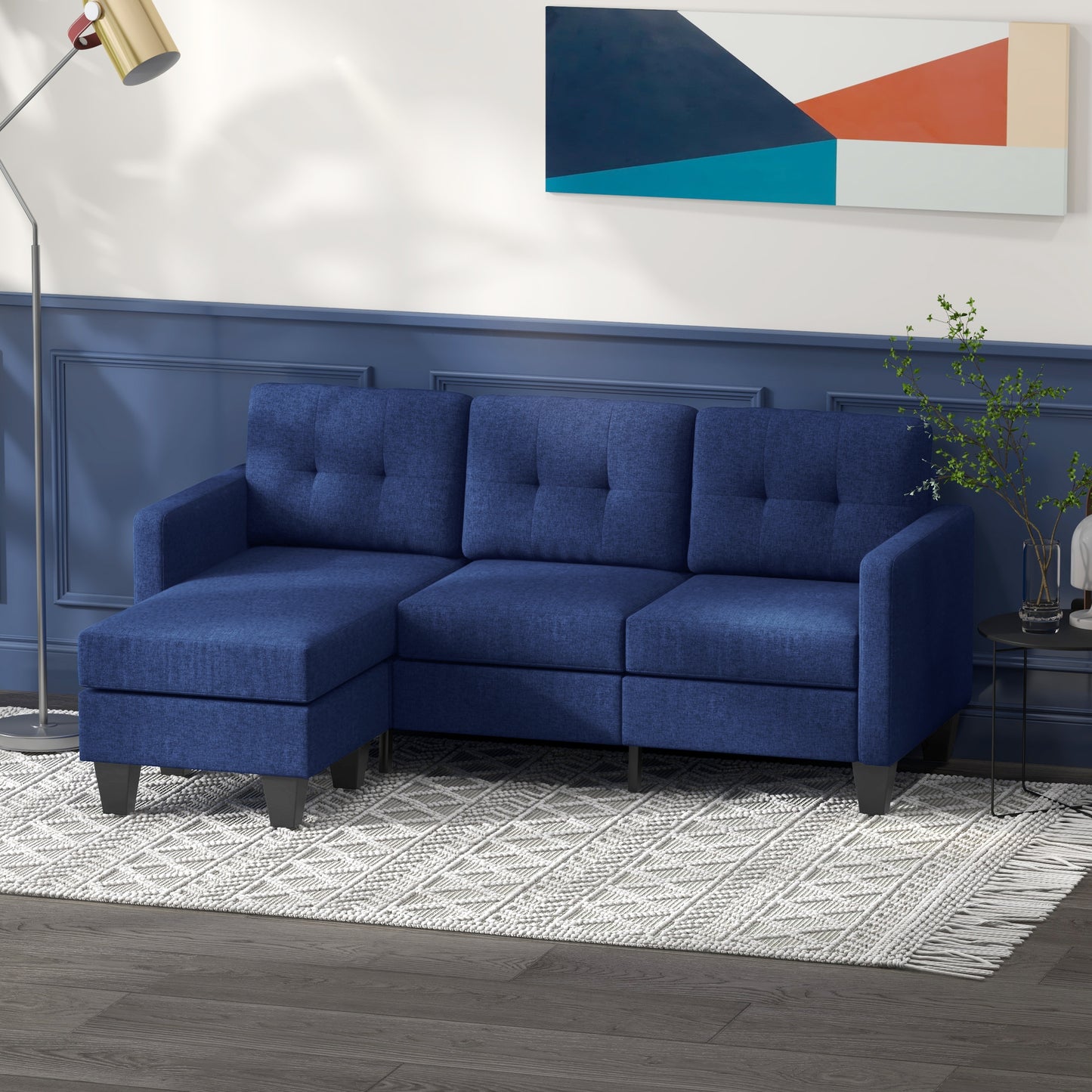 HOMCOM L-shaped Sofa, 3 Seater Couch with Ottoman, Corner Sofa with Thick Padded Cushion and Wood Legs, Dark Grey