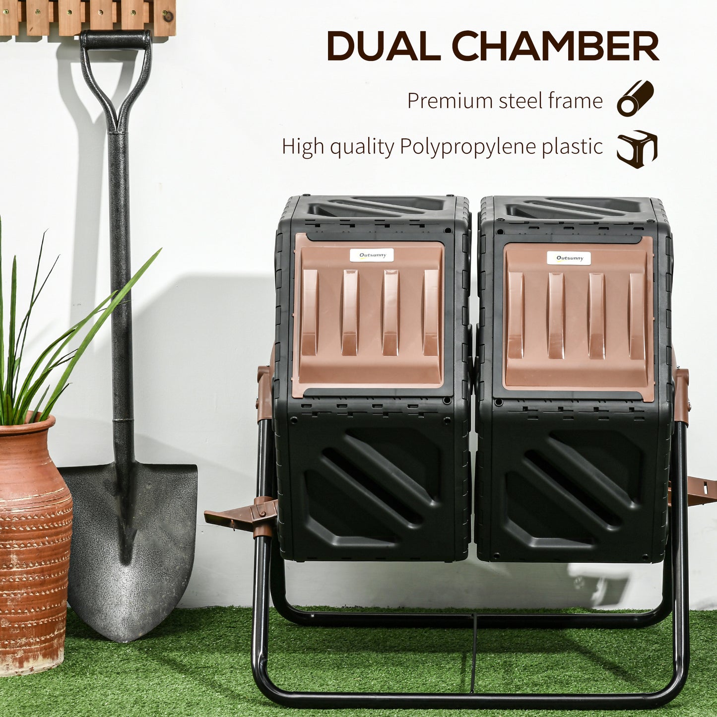 Outsunny Rotating Composter, Dual Chamber Compost Bin with 24 Vents and Steel Legs, 34.5 Gallon, Brown