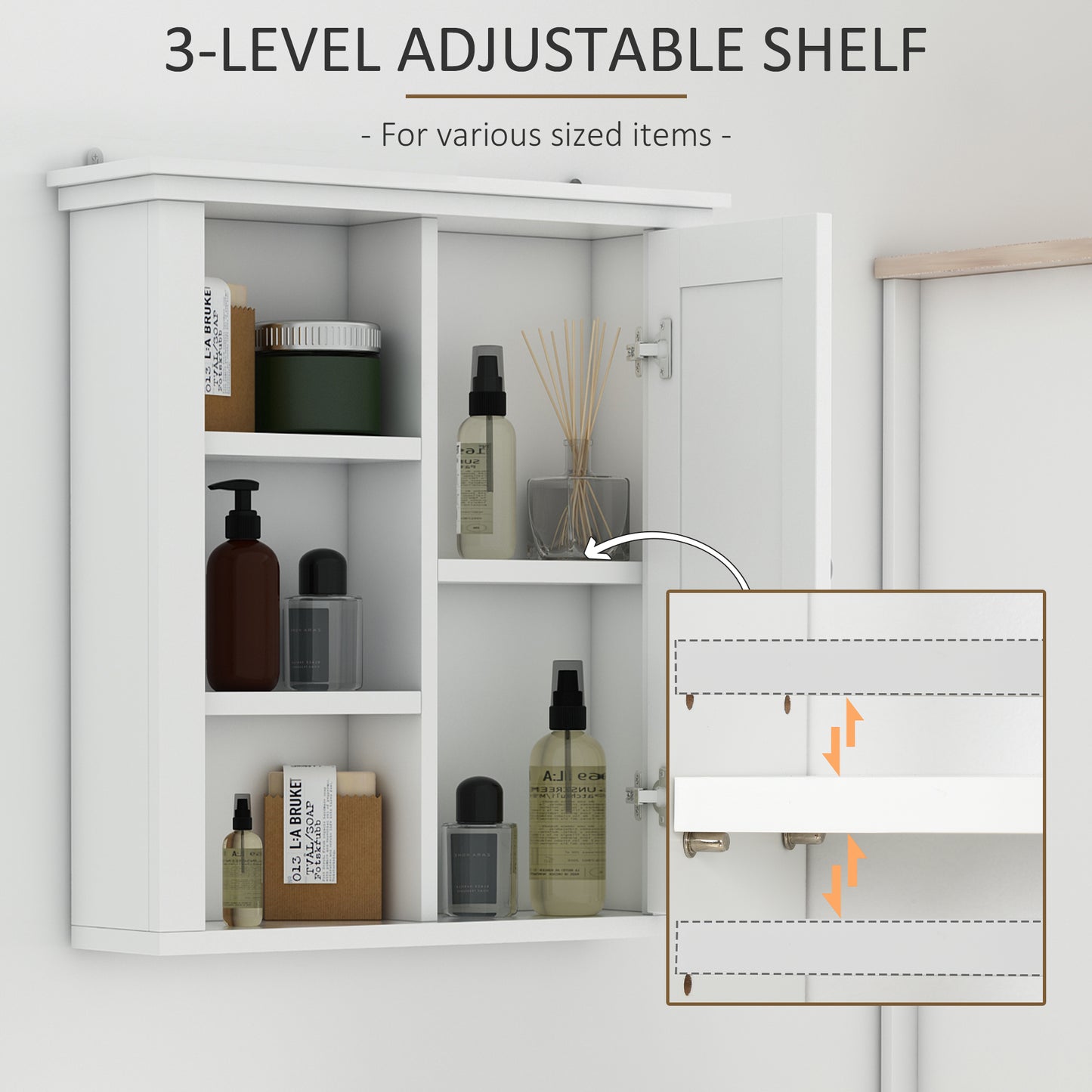 HOMCOM Bathroom Wall Cabinet, Wall Mounted Medicine Cabinet with 3 Open Shelves and Storage Cupboard for Laundry Room, White