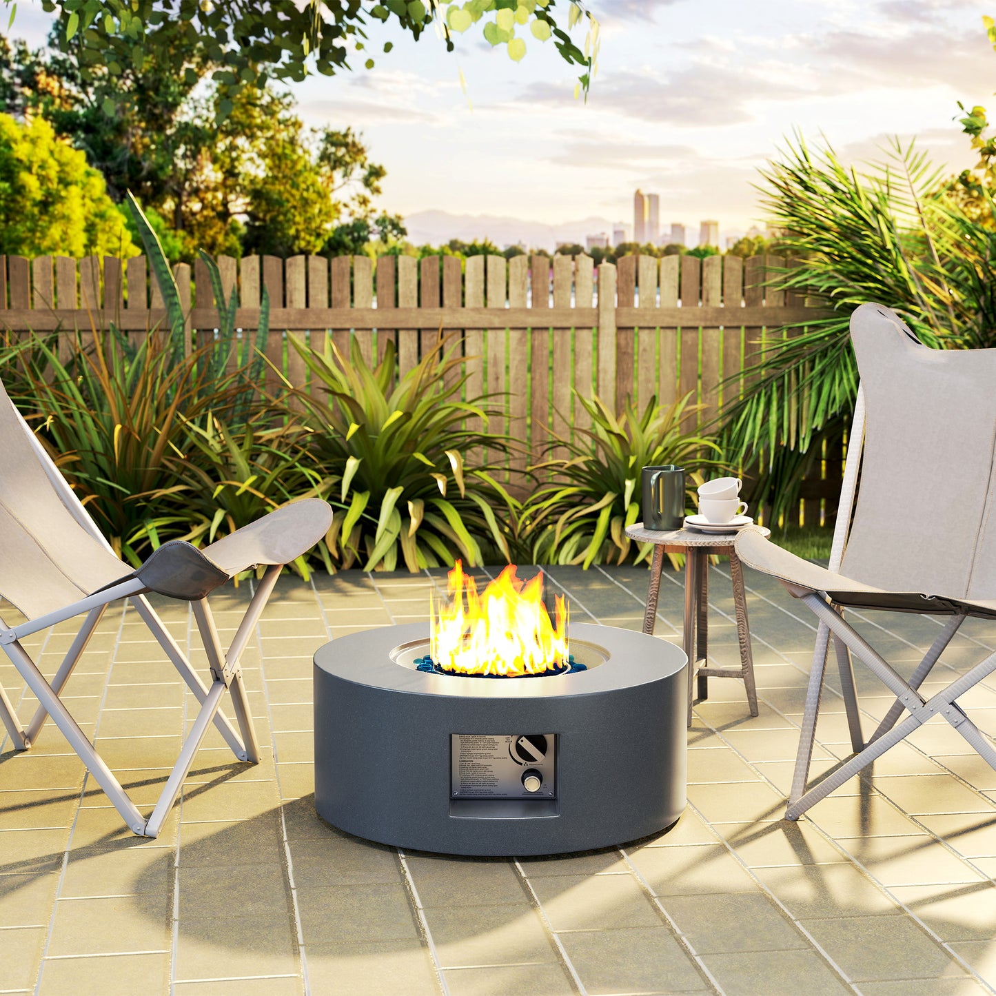 Outsunny 30" Round Propane Fire Pit Table 50,000 BTU Outdoor Gas Fire Table with Waterproof Cover, Decorative Glass Rocks, Tank Holder, Grey