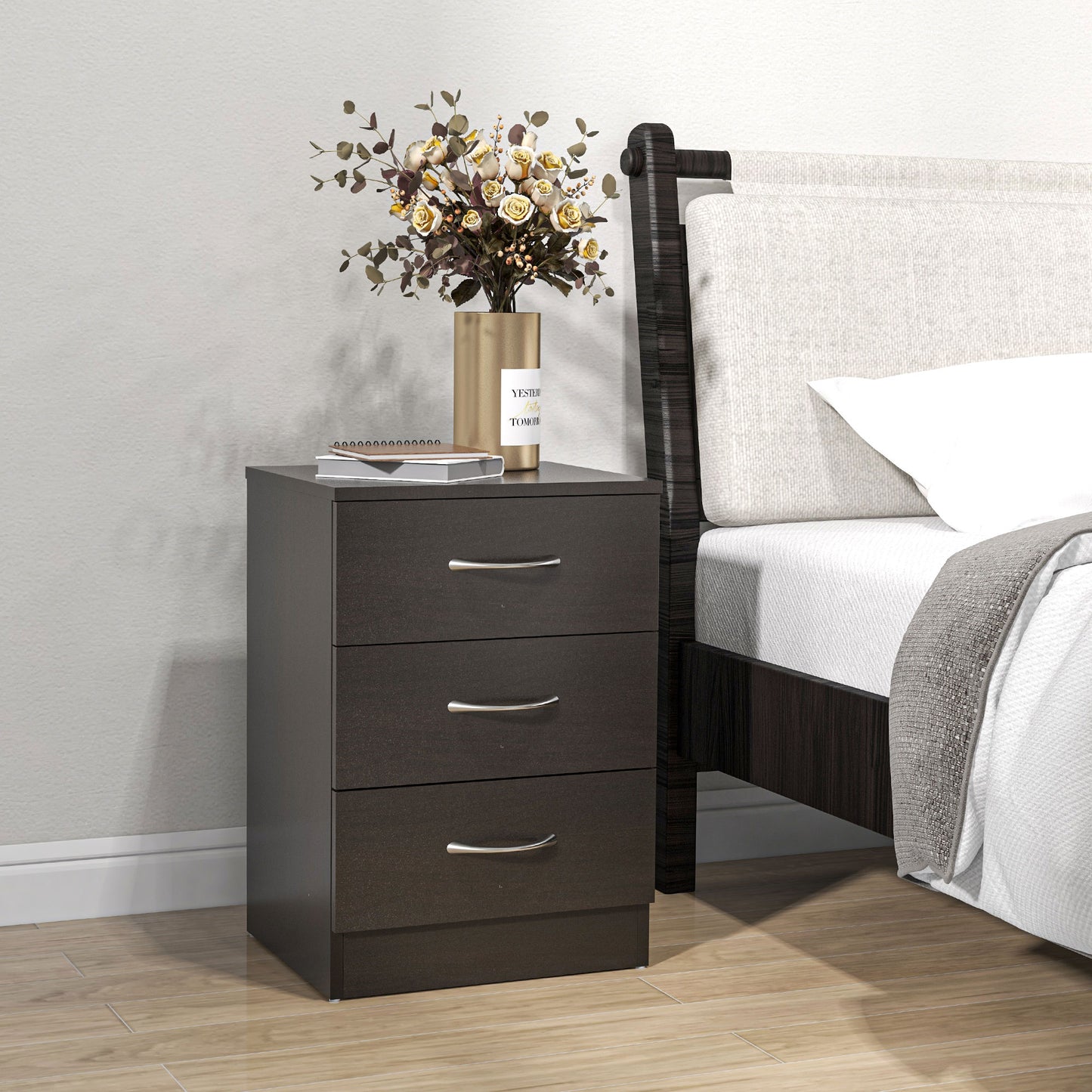 HOMCOM Bedside Table, Modern Night Stand with 3 Drawers and Metal Rail for Bedroom, Dark Brown