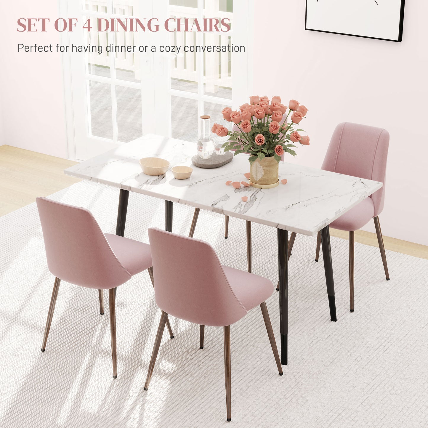 HOMCOM Upholstered Dining Chairs Set of 4, Velvet Accent Chair with Back and Wood-grain Steel Leg for Kitchen, Grey