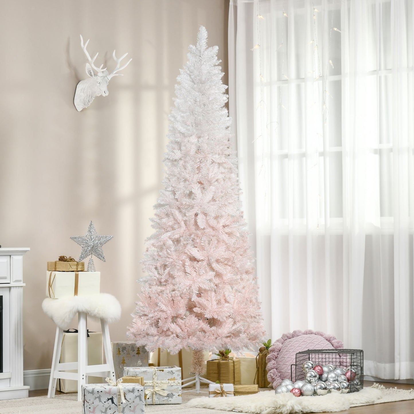 HOMCOM 7ft Pencil Artificial Christmas Tree with Pine Realistic Branches, Auto Open, Pink and White