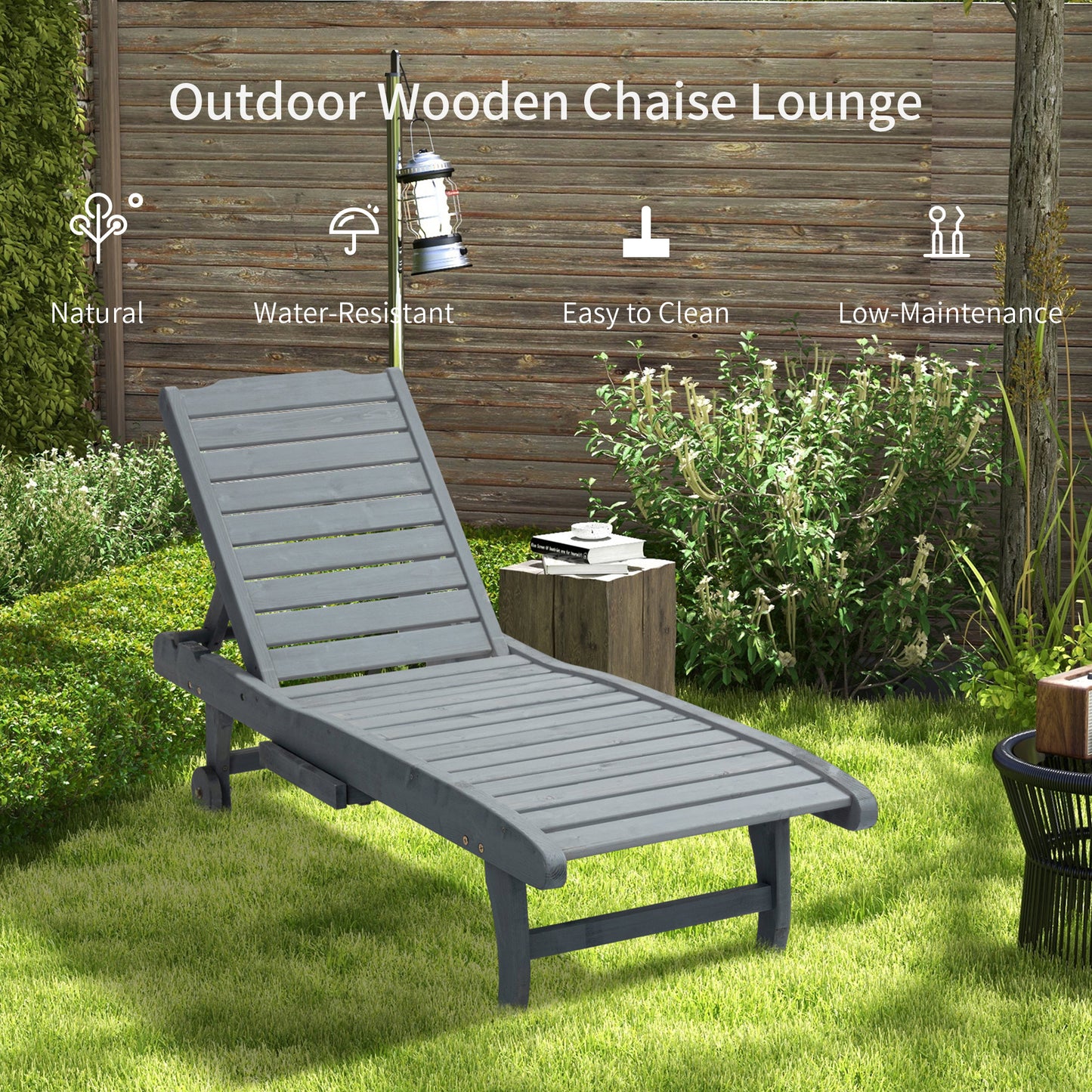 Outsunny Adjustable Lounge Chair, Outdoor Patio Chaise Recliner with Pull-out Tray and 2 Wheels