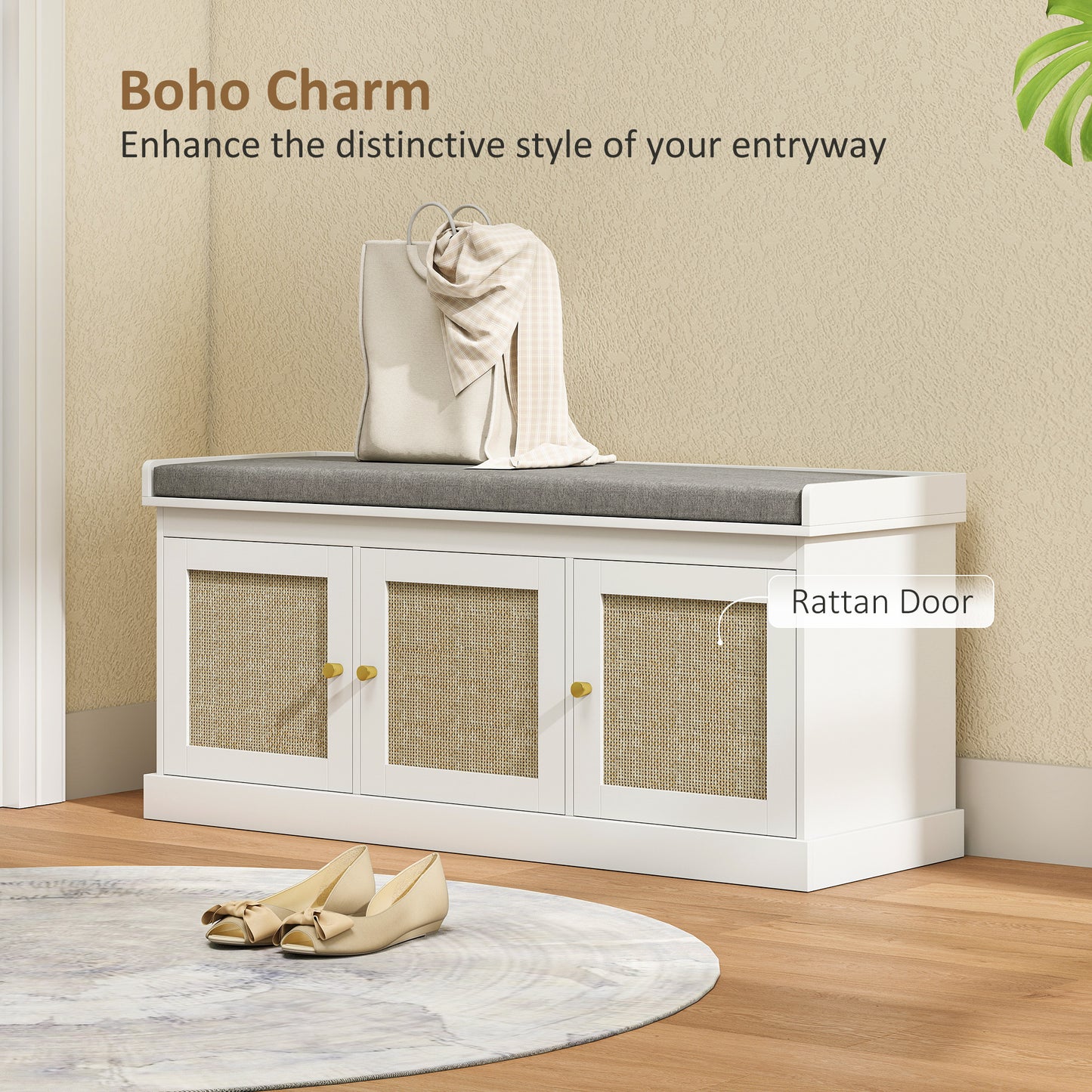 HOMCOM Shoe Storage Bench with Woven Rattan Doors, Shoe Bench with Cushion, Adjustable Shelves, Entryway Bench, White