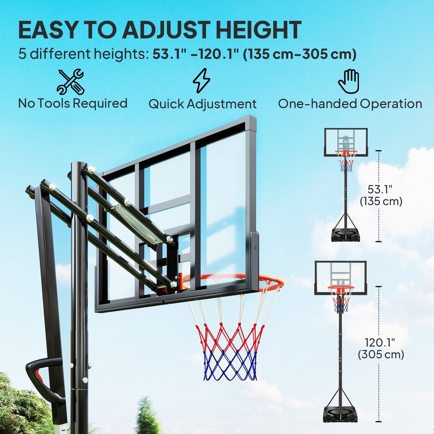 Soozier Basketball Hoop Outdoor, 4.4-10ft Portable Basketball Goal with Wheels and 44.5" Backboard, for Teenagers Youth Adults