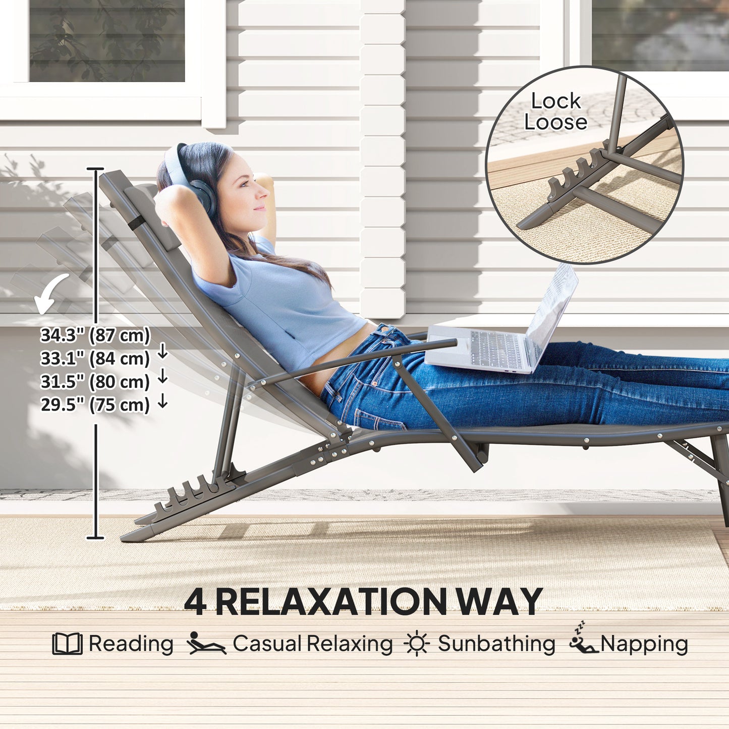 Outsunny Folding Chaise Lounge Chair Set of 2, Reclining Outdoor Lounge Chair Set with Quick Drying Pad Headrest Side Pocket, Tanning Chair Set for Beach Garden Pool, Light Grey