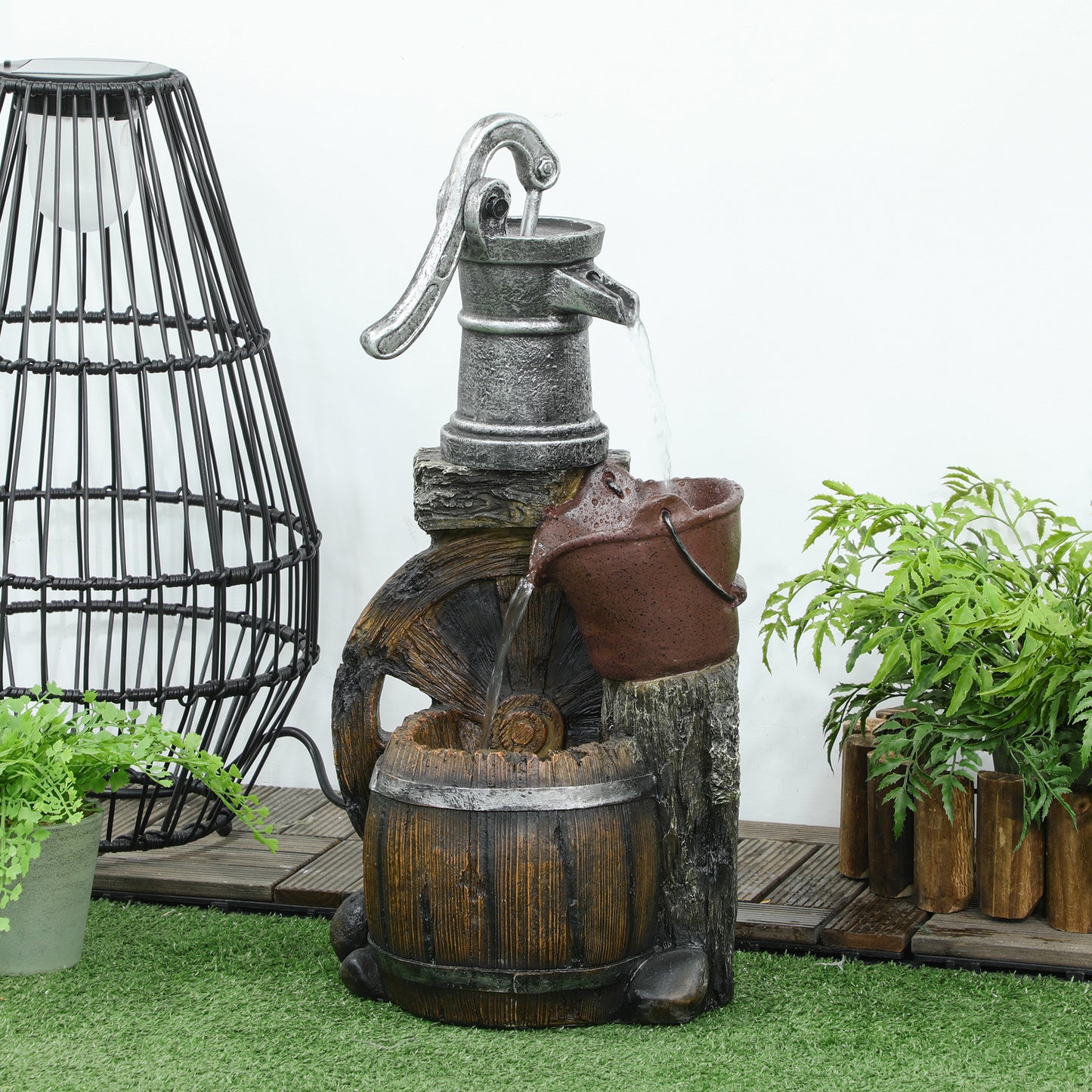 Outsunny Rustic Waterfall Fountain with Old Fashion Pump Barrel Wheel, 3-Tier Cascading Outdoor Fountain with Adjustable Flow, Decorative Water Feature for Zen Garden, Deck, Porch