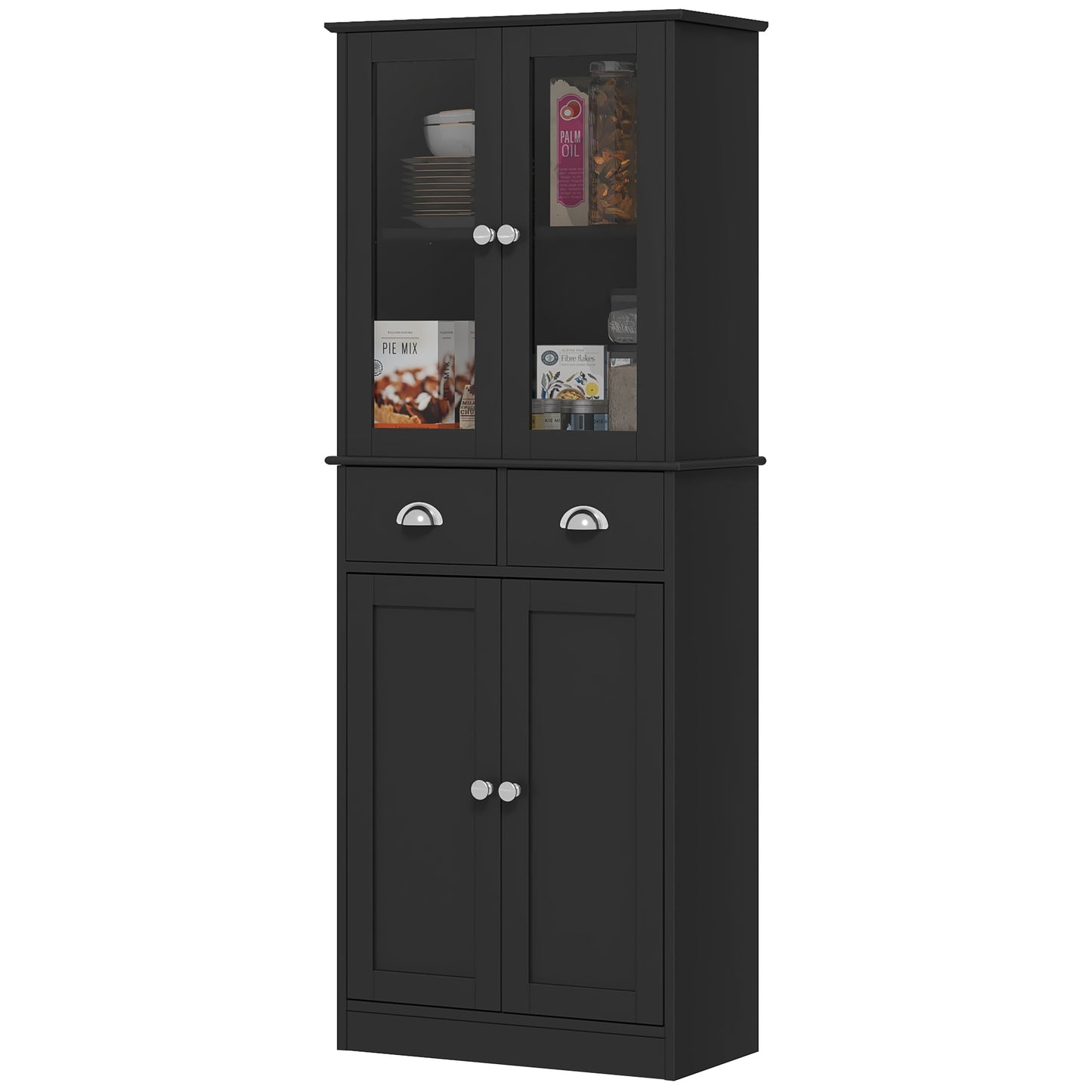 HOMCOM 61" Kitchen Pantry Cabinet, Freestanding Farmhouse Buffet Storage Cabinet with Soft Close Glass Doors and Adjustable Shelves, White