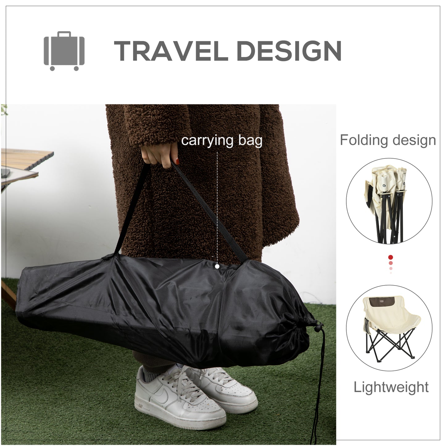 Outsunny Portable Camping Chair, Lightweight Folding Chair for Adults with Carry Bag, Side Pocket for Hiking, Backpacking, White