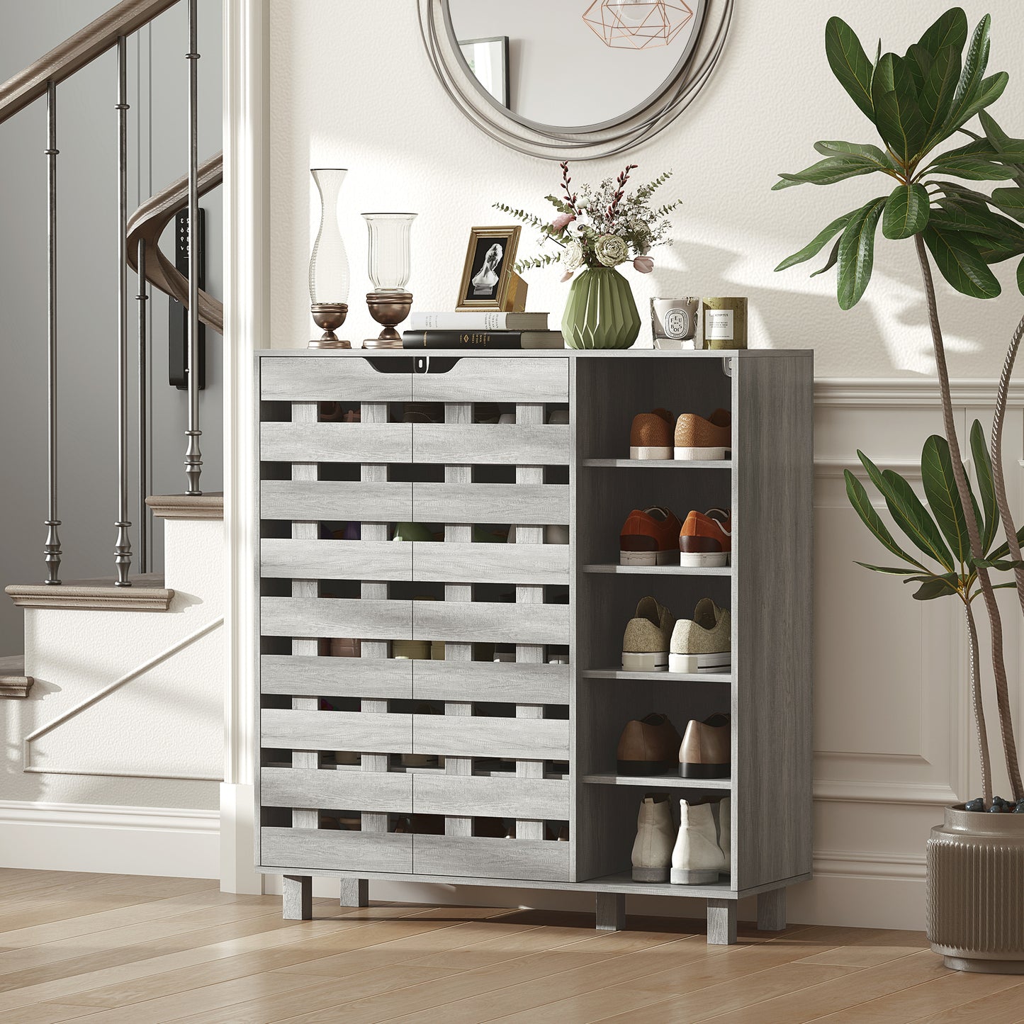 HOMCOM Shoe Cabinet, 21 Pair Shoe Storage Cabinet Organizer with 5-tier Double Door Cabinet and 5-tier Open Shelves, Light Grey