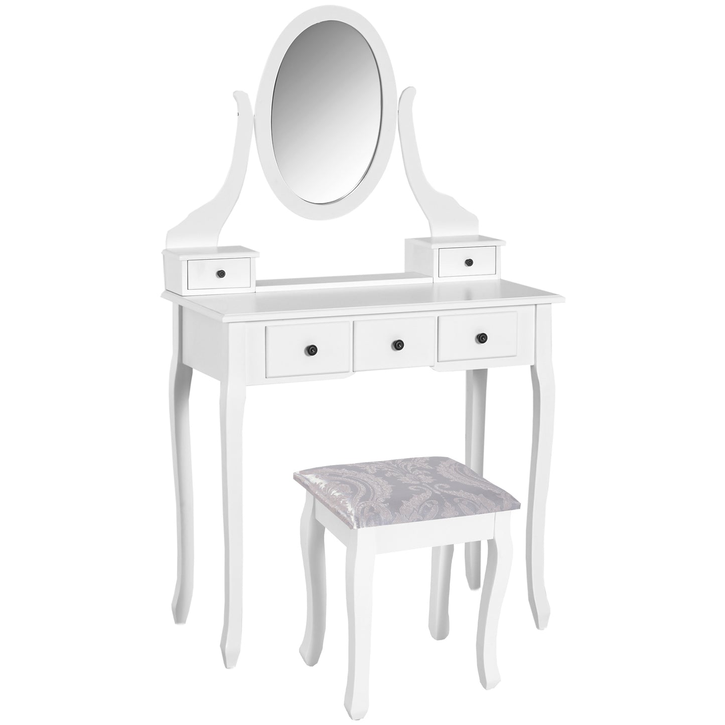 HOMCOM Vanity Desk with Stool, Makeup Vanity with 360° Rotating Oval Mirror, 5 Drawers and Padded Seat, Dressing Table for Bedroom, Black