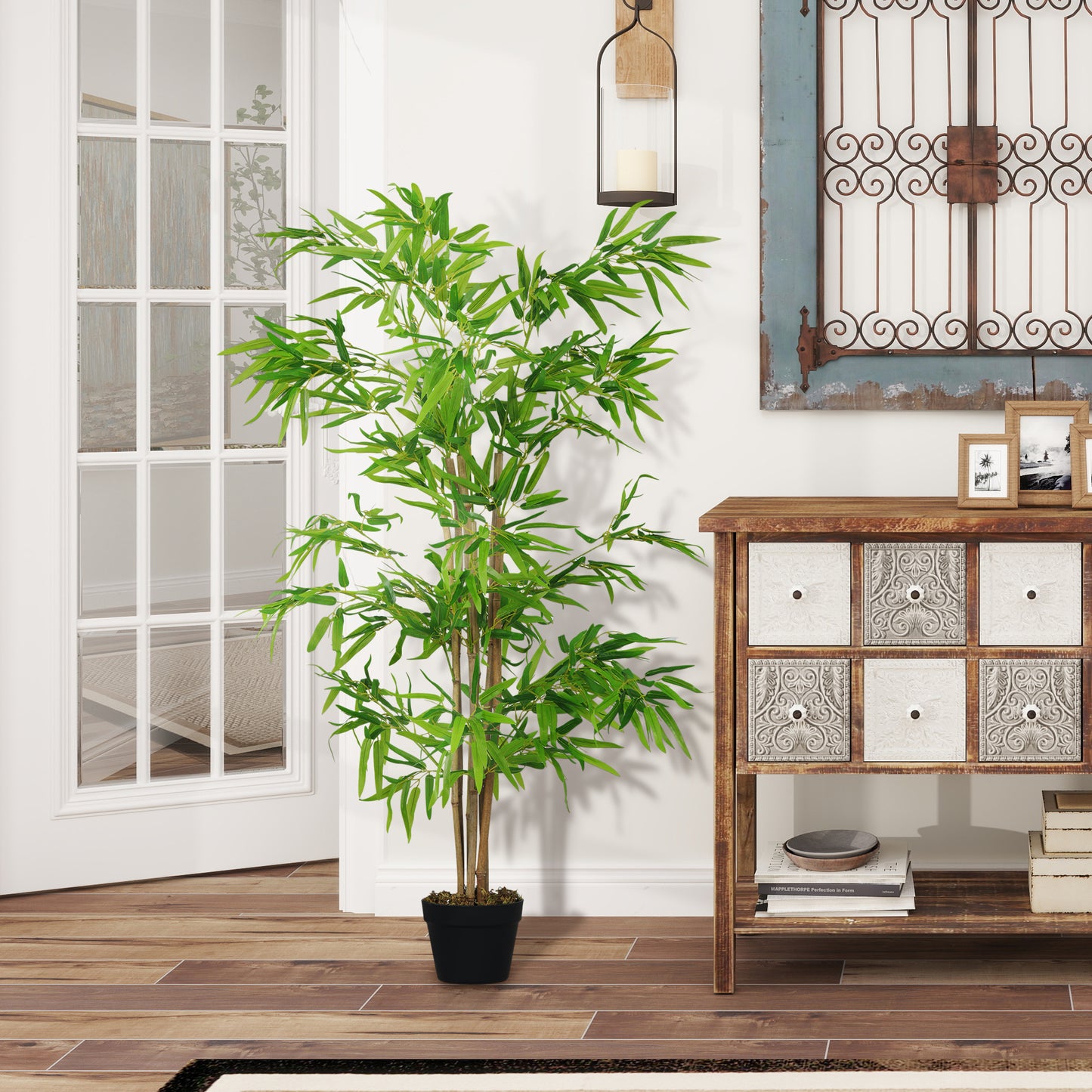 Outsunny Artificial Bamboo Tree, 4ft Fake Tree with Realistic Leaf and Natural Trunk, Decorative Plant in Nursery