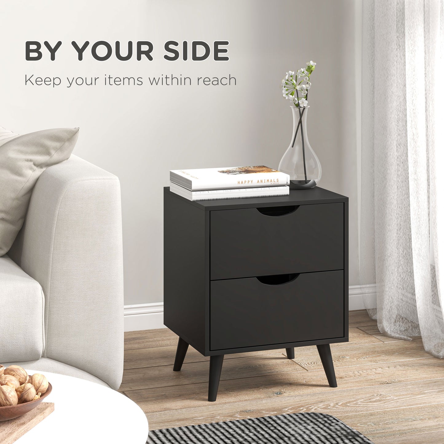 HOMCOM Modern Bedside Table, Nightstand with 2 Drawers and Pine Wood Legs for Bedroom, Living Room, Black