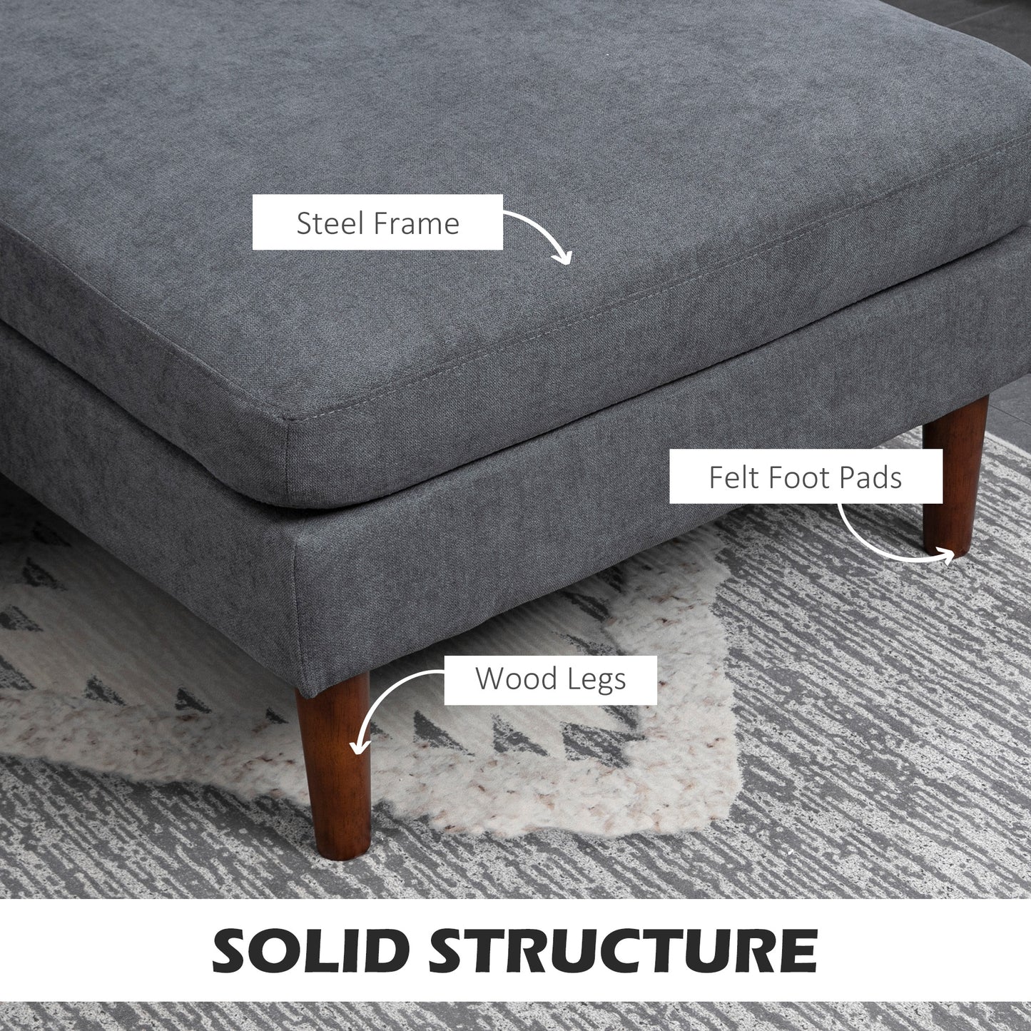 HOMCOM U Shape Couch with Double Chaise Lounge, Modern 4 Seater Sofa with Wooden Legs, Fabric Sofa for Living Room, Dark Grey
