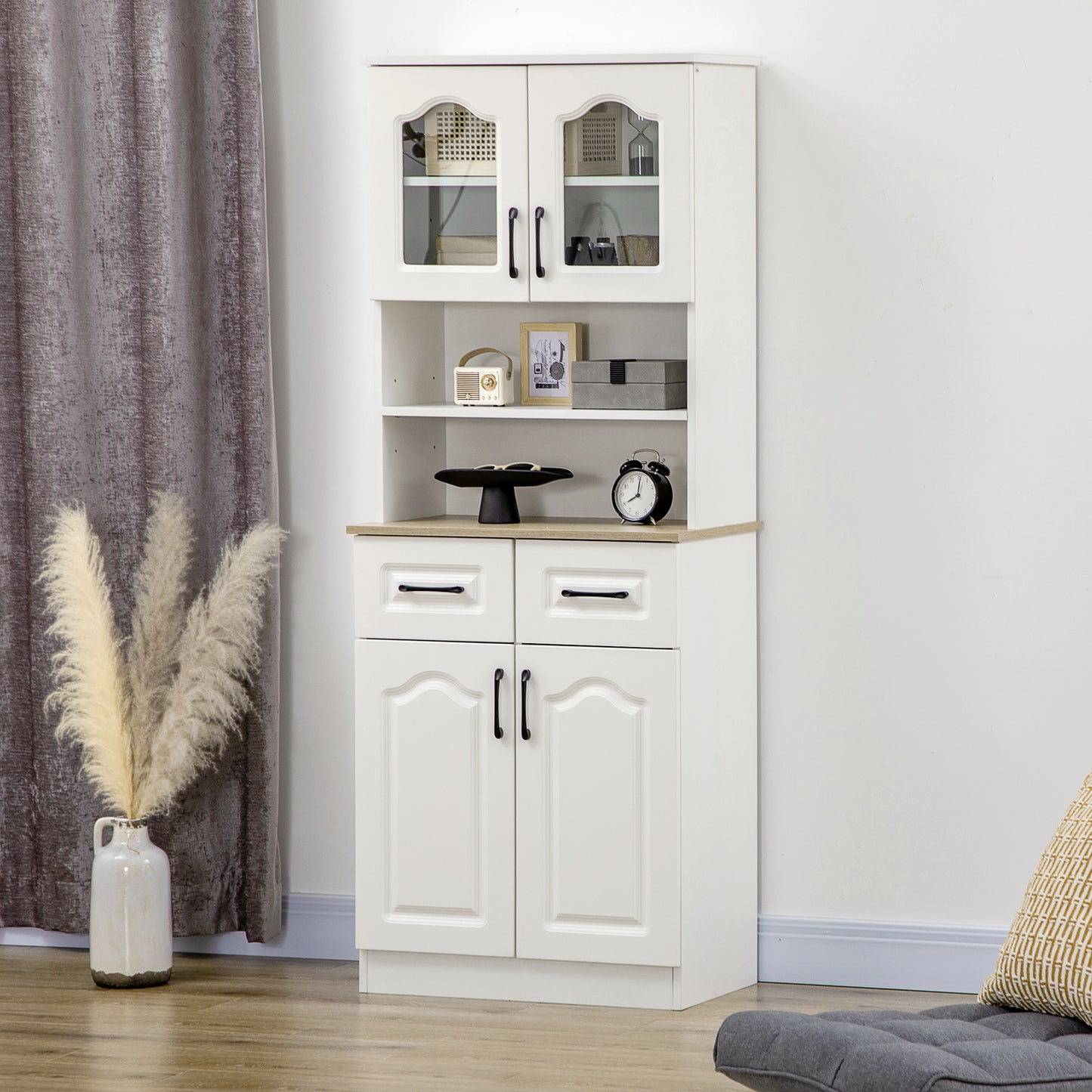 HOMCOM 66" Kitchen Pantry Cabinet, Freestanding Storage Cabinet with 2 Adjustable Shelves, 2 Drawers, Open Counter and Glass Doors, White