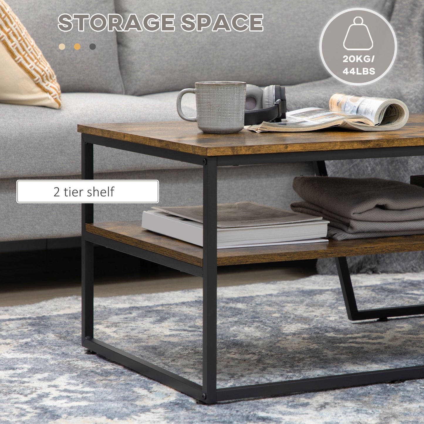 HOMCOM Industrial Coffee Table, 2-tier Center Table with Storage Shelf, Wood Look Accent Furniture with Metal Frame for Living Room, 41.7" x 21.7" x 17.7", Rustic Brown