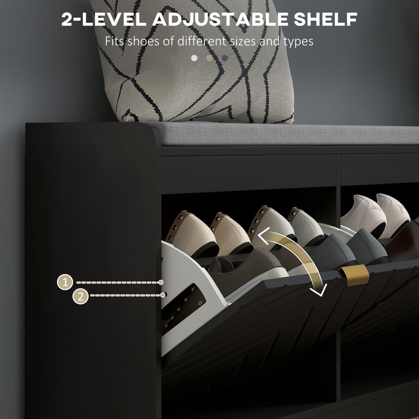 HOMCOM Shoe Storage with Seat, Upholstered Hallway Bench, Shoe Bench with 2 Flip Drawers and 4 Vents for 8 Pairs of Shoes