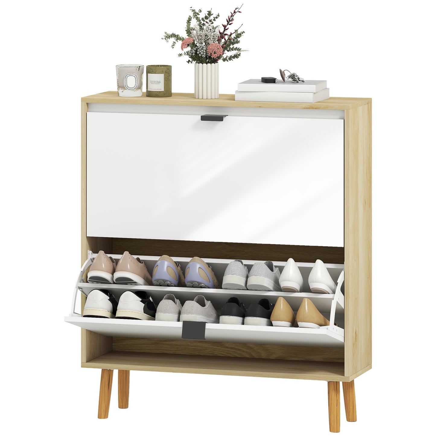 HOMCOM Narrow Shoe Cabinet, High Gloss Shoe Storage Cabinet with 4 Flip Drawers and Adjustable Shelves, Holds 20 Pairs, White