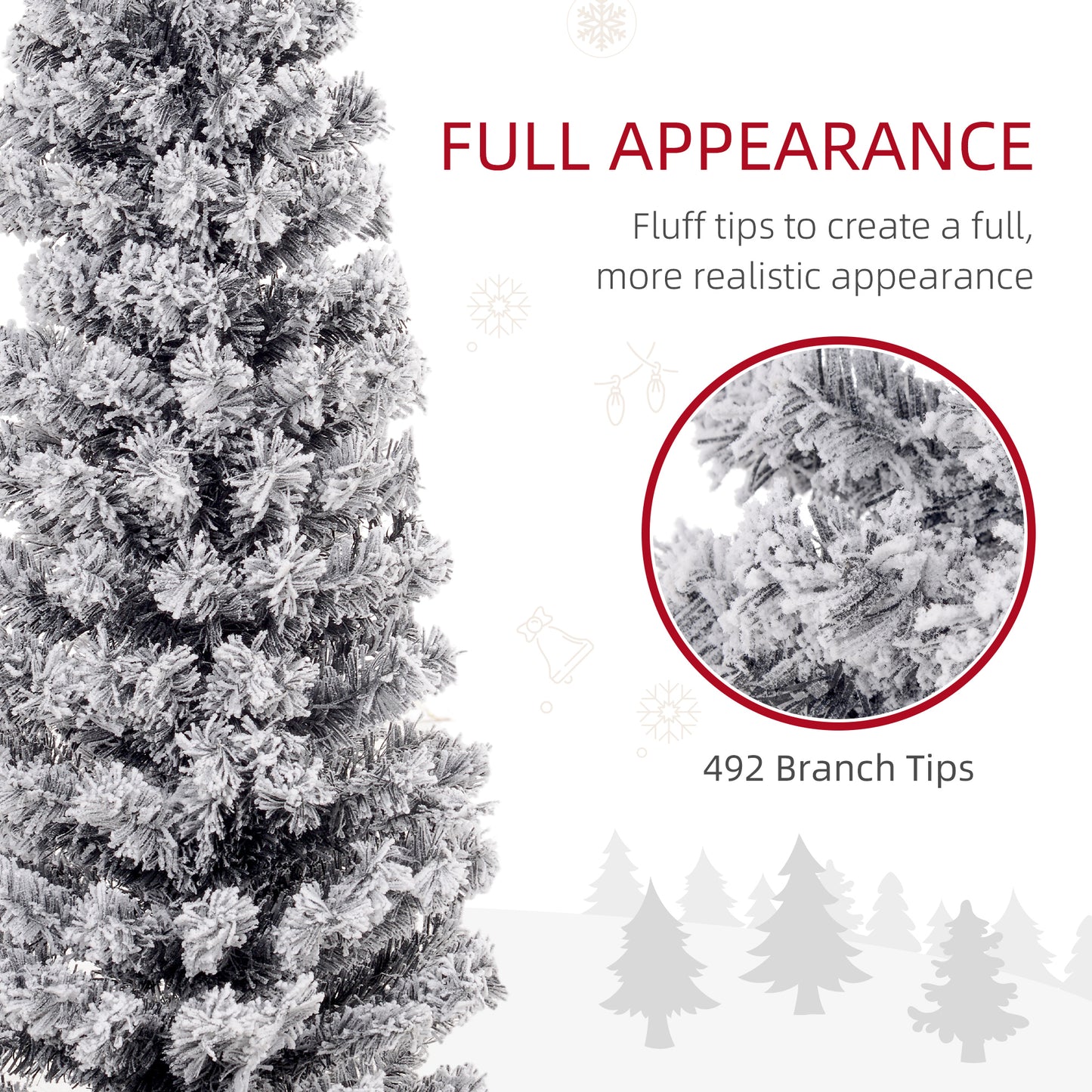 HOMCOM 7.5ft Flocked Christmas Tree, Pencil Christmas Tree with Realistic Branch Tips, Folding Metal Stand, Green