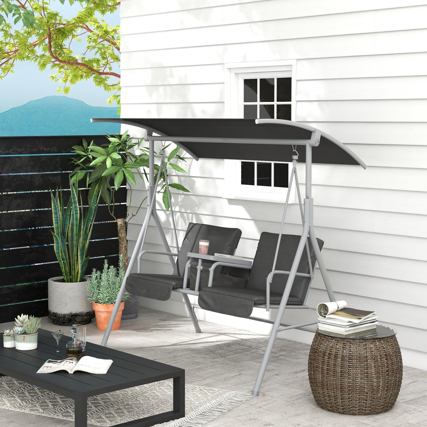 Outsunny 2-Seater Outdoor Porch Swing with Adjustable Canopy and Table, Patio Swing Chair for Garden, Poolside, Backyard, Grey