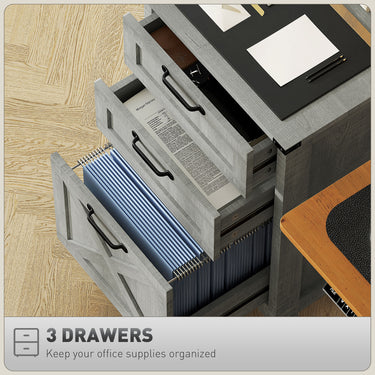 HOMCOM Vertical Filing Cabinet with 3 Drawers, Rustic Farmhouse Office Storage Cabinet for A4, Letter Size, Stone Grey