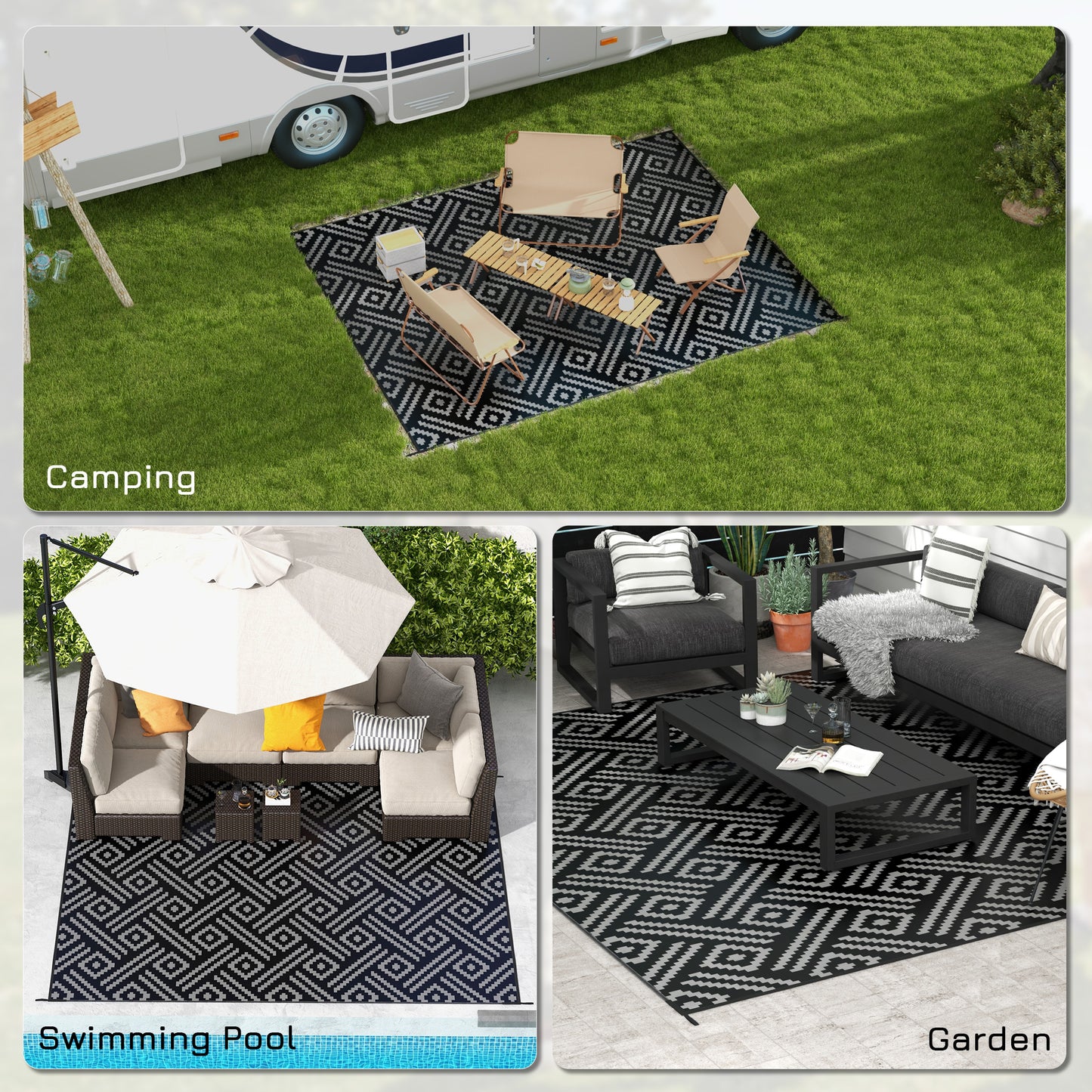 Outsunny Reversible Outdoor Rug Waterproof Plastic Straw RV Rug with Carry Bag, 9' x 12', Black and Grey Geometric