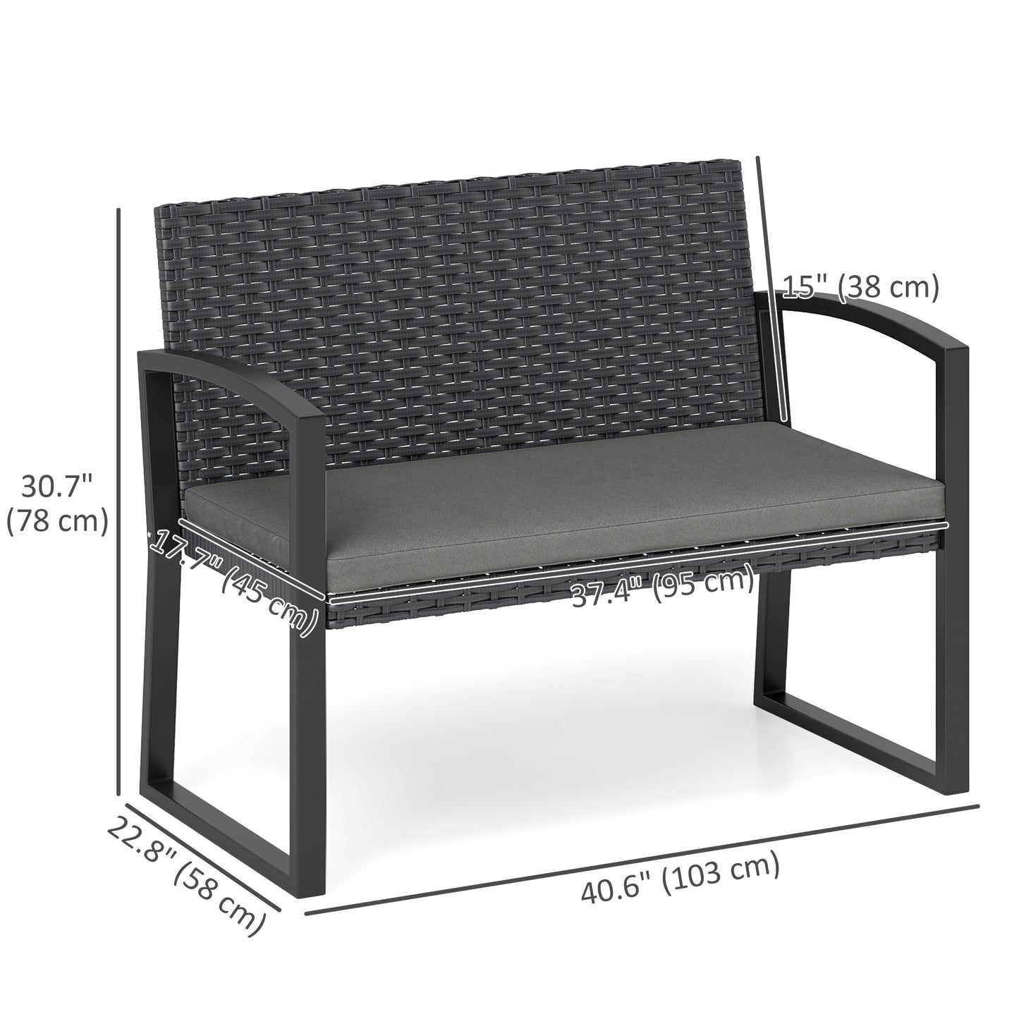 Outsunny 2 Seater Outdoor Bench, Rattan Garden Bench Loveseat with Cushion, Armrests, Steel Frame for Patio, Porch, Light Grey