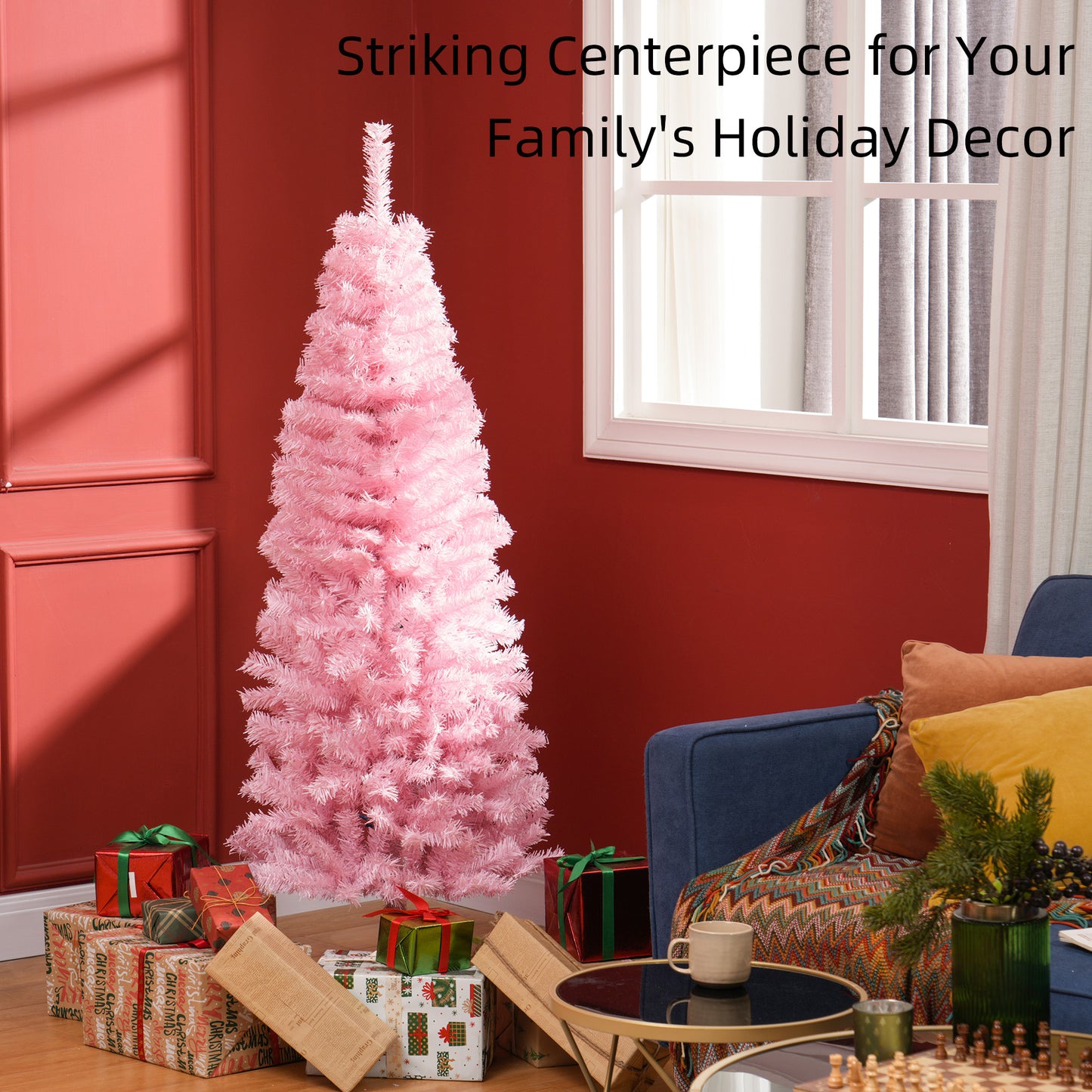 HOMCOM 4FT Artificial Christmas Tree Holiday Xmas Holiday Pencil Tree Decoration with Automatic Open for Home Party, Pink