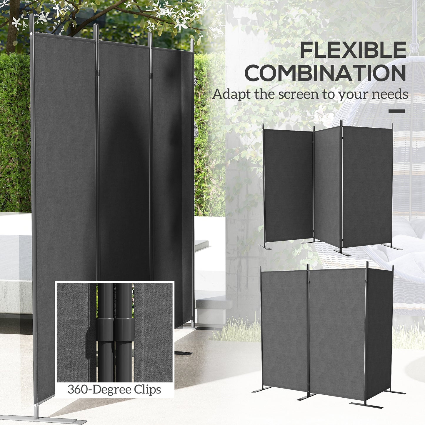 Outsunny 3 Panel Folding Outdoor Privacy Screen, 5.8FT Tall Room Divider with UV30+ Protection, Freestanding Privacy Panel Partition with Stable Base for Indoor Outdoor, Dark Grey