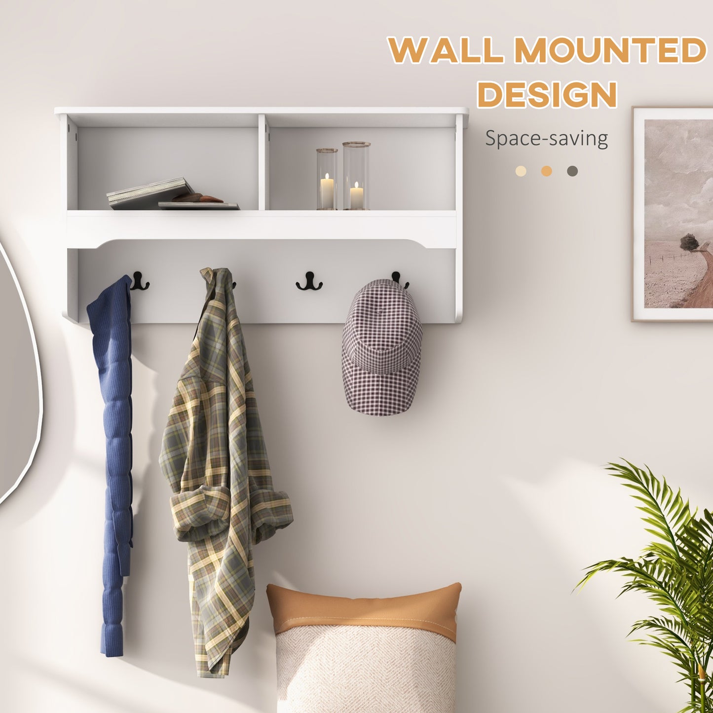 HOMCOM Wall Mounted Coat Rack with Shoe Storage Bench, Hall Tree and Bench, Clothes Hanger Rack with Shelves for Hallway White