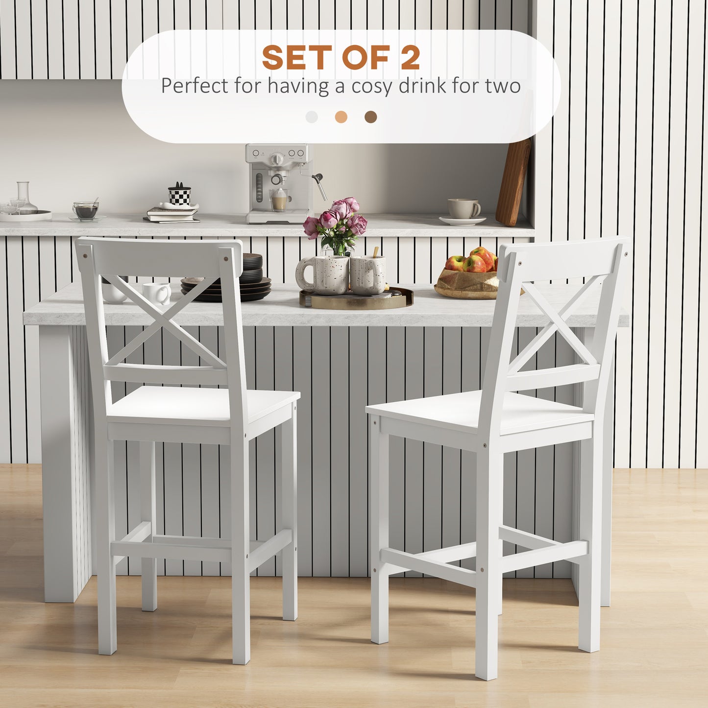 HOMCOM Counter Height Stools Set of 2, Farmhouse Bar Stools with Backs, Solid Wood Counter Stools for Kitchen Island
