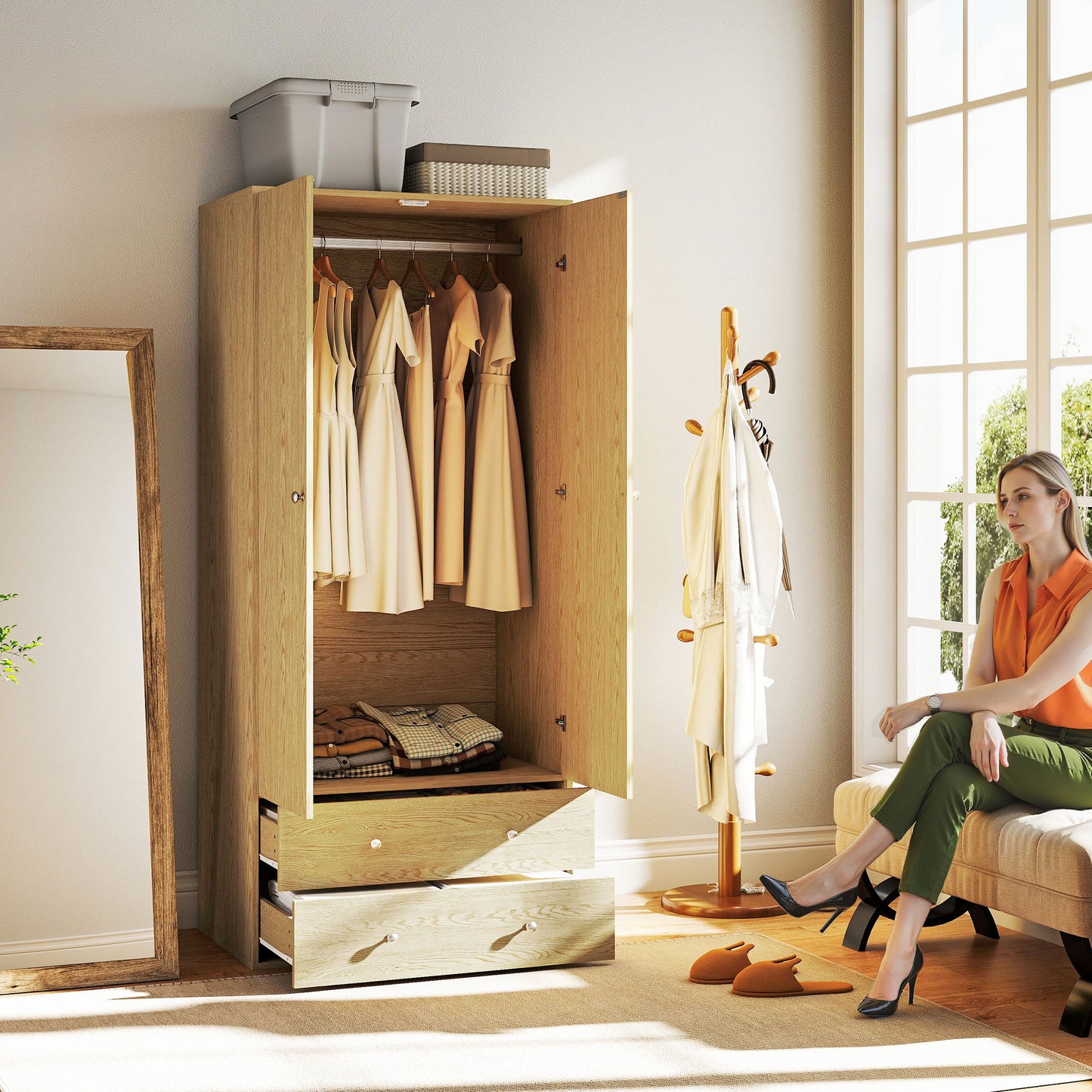 HOMCOM Modern Wardrobe Closet Armoire with 2 Drawers and Hanging Rod, Clothes Storage Organizer for Bedroom, Natural Wood