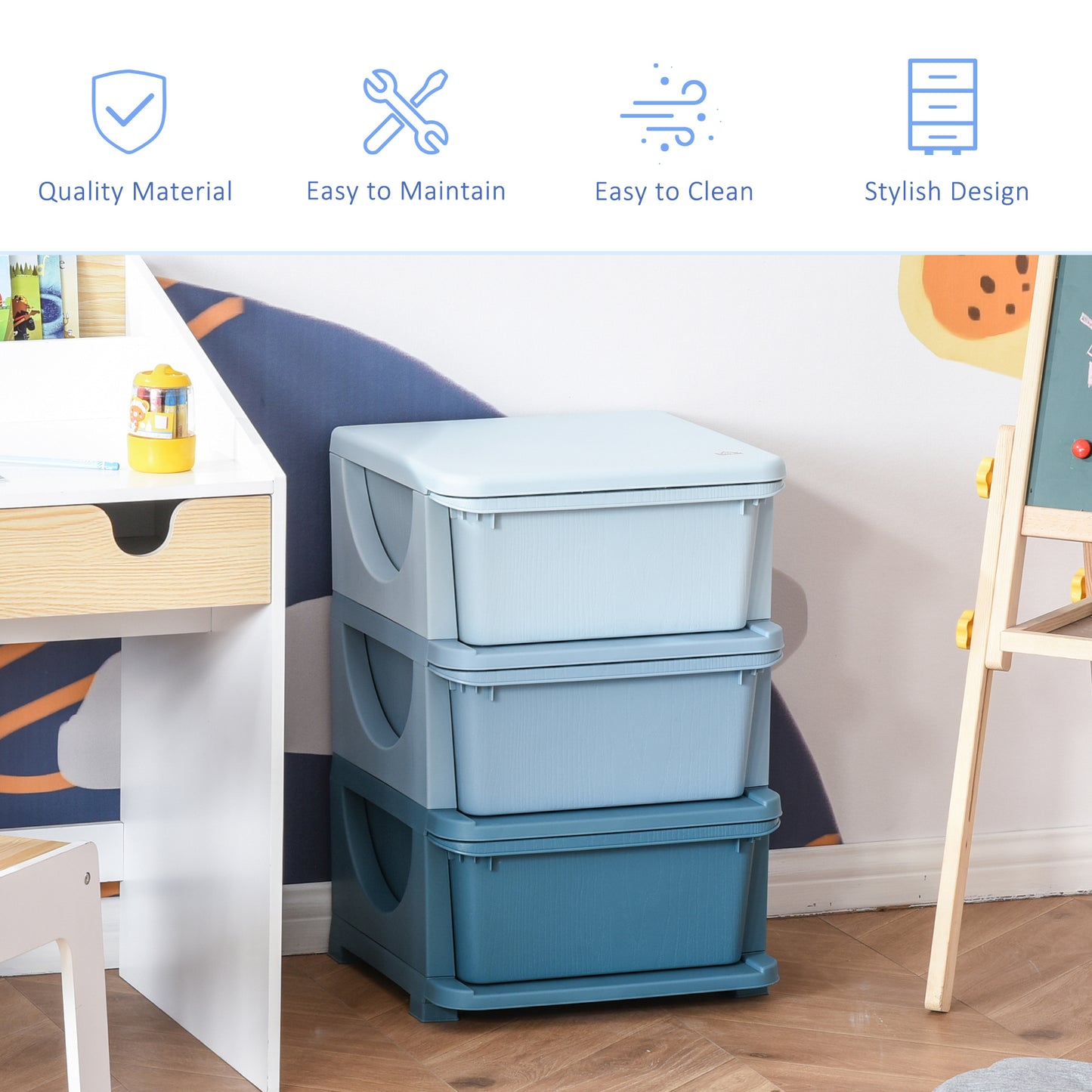 Qaba 3 Tier Kids Toy Organizer and Storage Bins with 3 Plastic Drawers, Blue