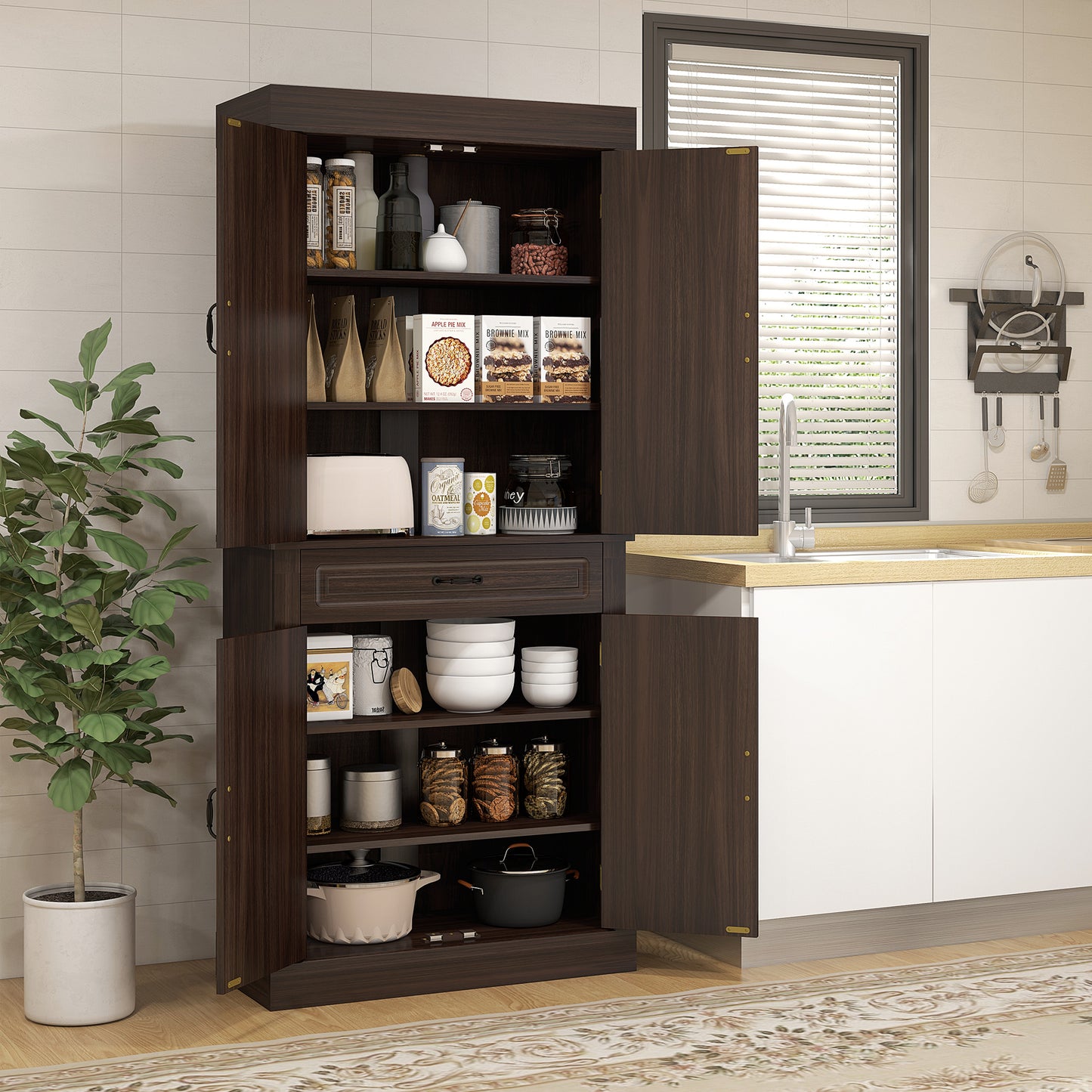 HOMCOM 71" Freestanding Kitchen Pantry with 4 Doors and 2 Cabinets, Tall Storage Cabinet for Kitchen, Distressed Coffee
