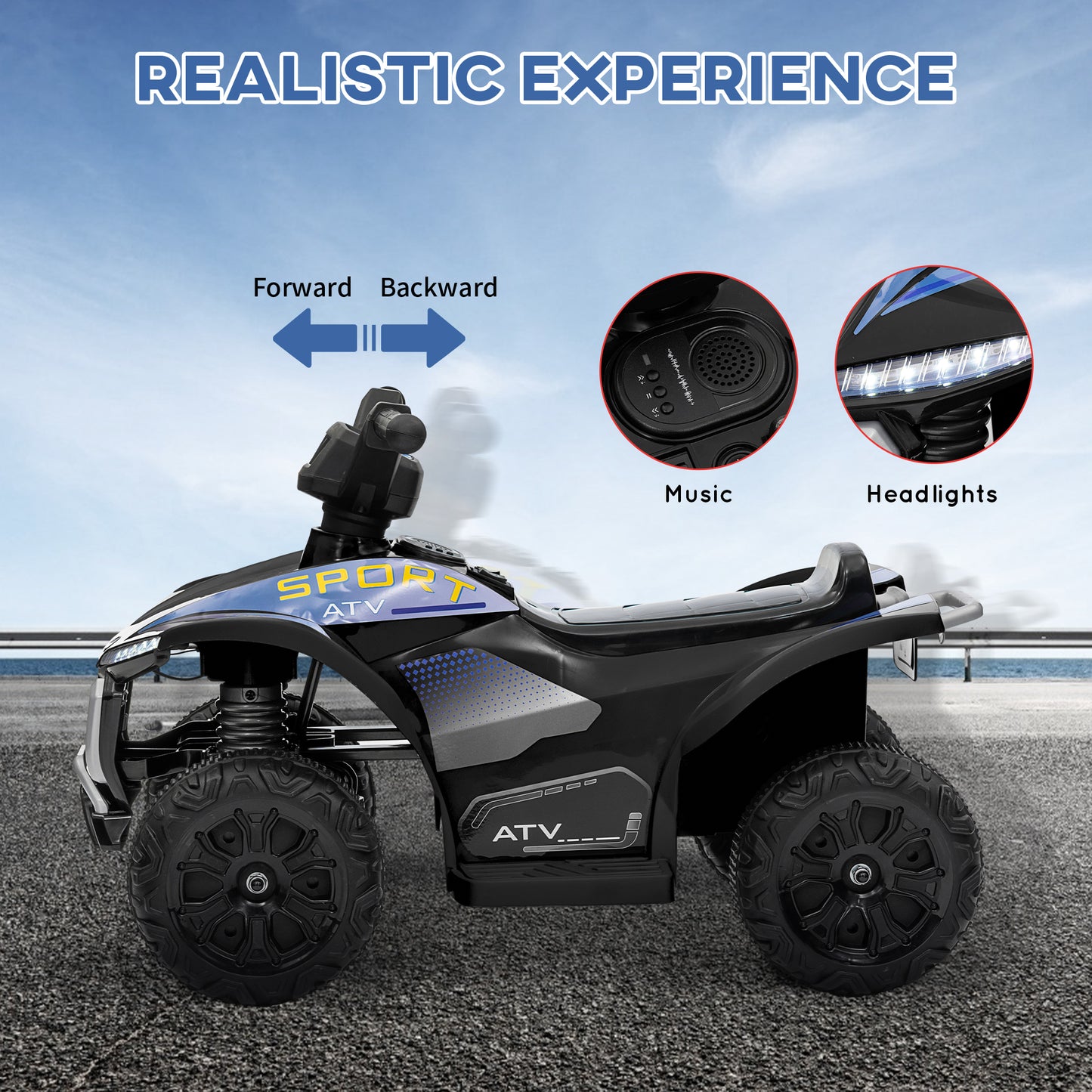 Qaba Kids ATV, 6V Battery Powered Electric Vehicle with Headlights, Music, Forward/Reverse Switch for 18-36 Months, Black