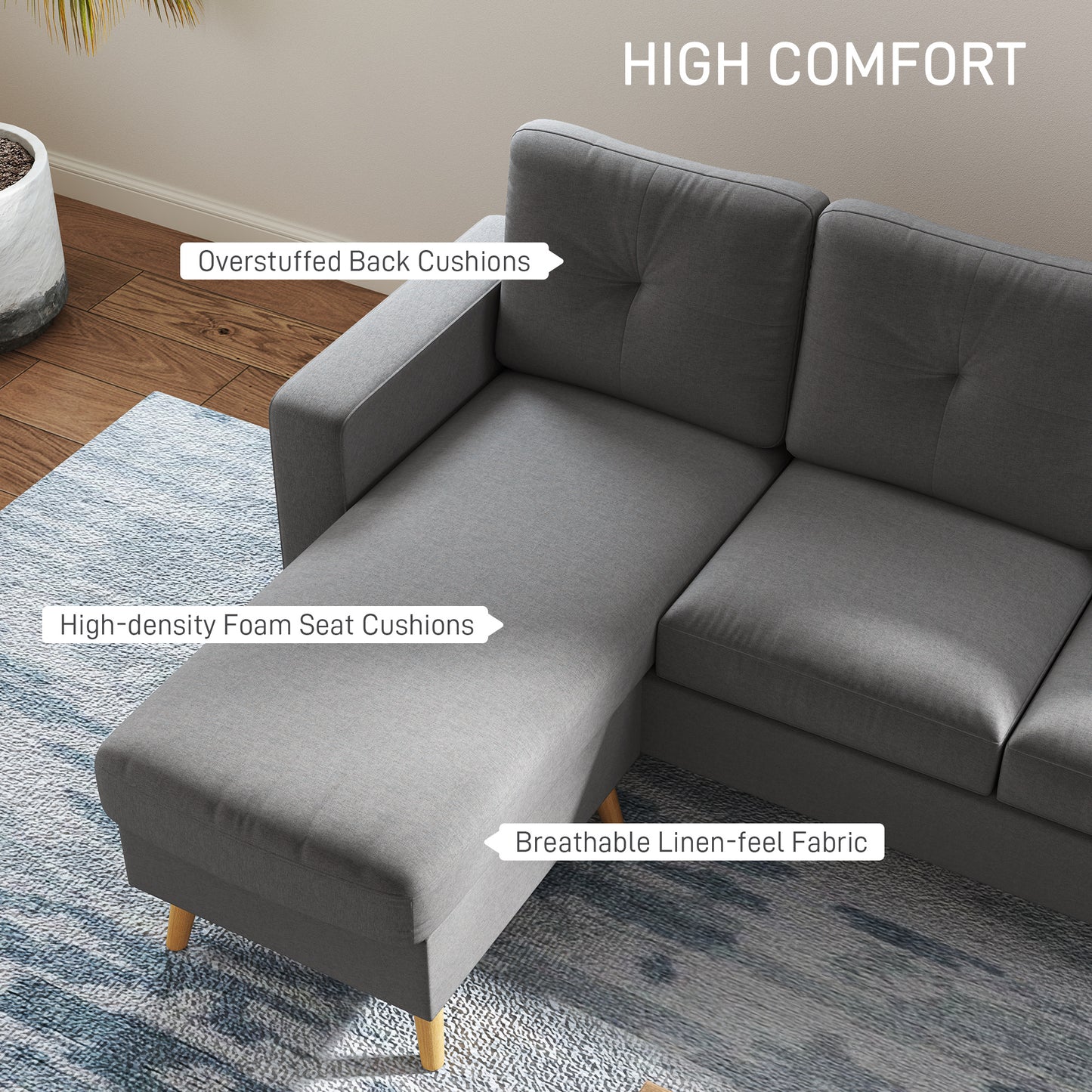 HOMCOM Sectional Sofa Couch, L Shaped Couch with Reversible Chaise, Wooden Legs for Living Room, Bedroom, Dark Grey