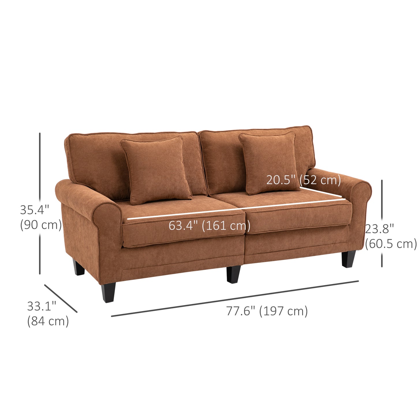 HOMCOM Modern 3 Seater Sofa, Corduroy Fabric 3 Seater Couch with Pine Wood Legs and Rolled Armrests for Living Room, Light Grey