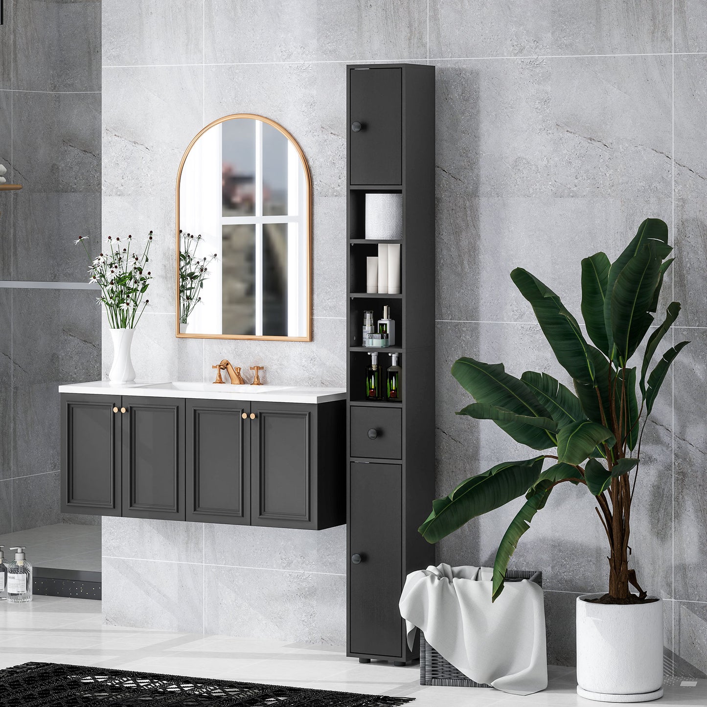 kleankin 71" Tall Bathroom Storage Cabinet, Narrow Bathroom Cabinet with Open Shelves, 2 Door Cabinets, Adjustable Shelves, for Kitchen, Hallway, Living Room, White