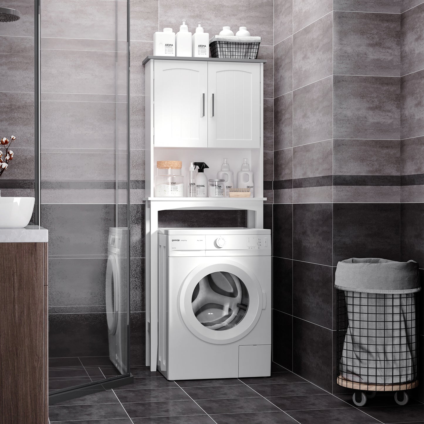 kleankin Modern Over The Toilet Storage Cabinet, Double Door Over Toilet Bathroom Organizer with Adjustable Shelf and Open Shelf, Space Saver, White