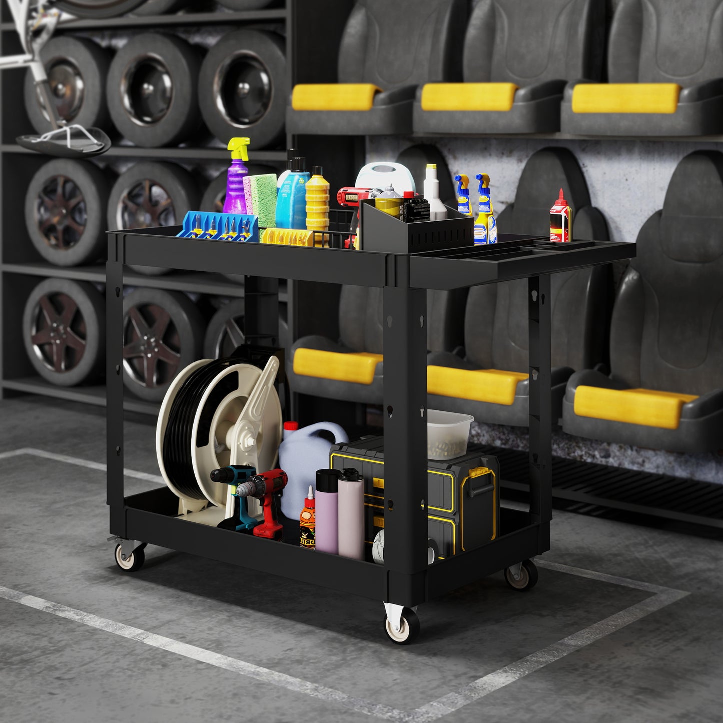HOMCOM 3-Tier Collapsible Tool Cart with Wheels, 150 LBS Capacity Folding Utility Cart with Handles for Garage Workshop, Black