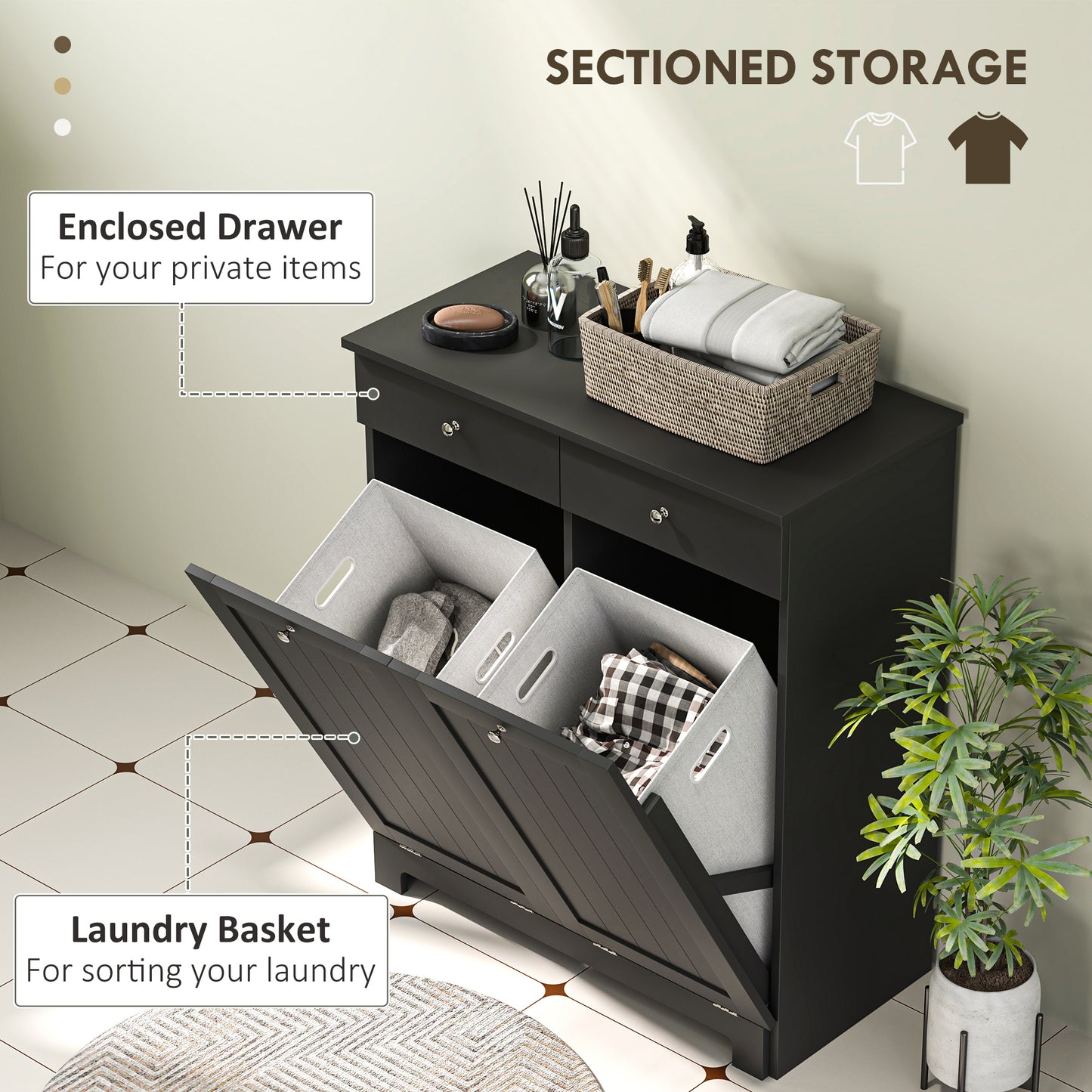HOMCOM Laundry Cabinet, Tilt Out Laundry Hamper Cabinet with 2 Baskets, Bathroom Hamper Cabinet with 2 Drawers, Black