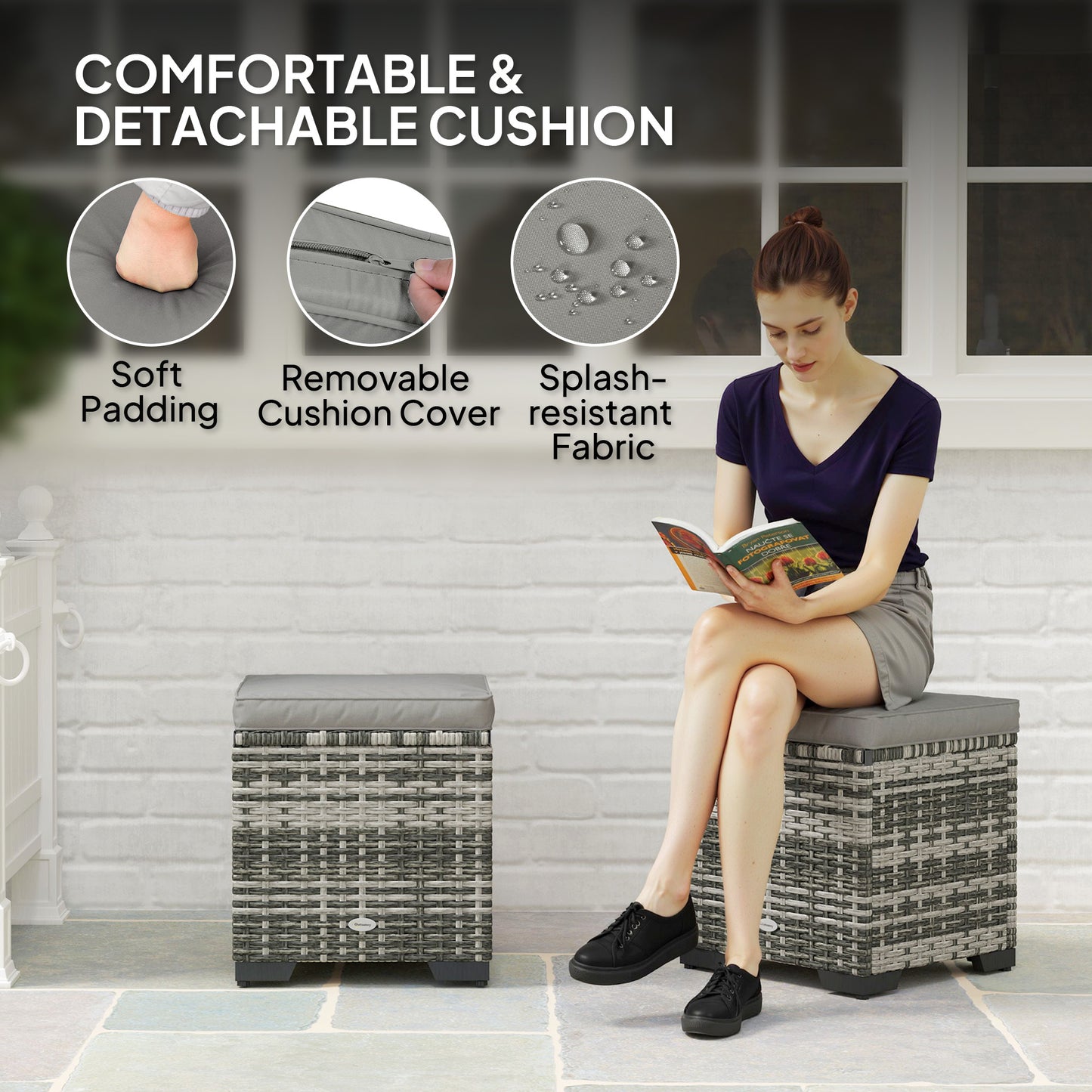 Outsunny Set of 2 Wicker Ottoman, Outdoor Footstool with Storage & Removable Cushions for Poolside, Patio, Deck, Grey