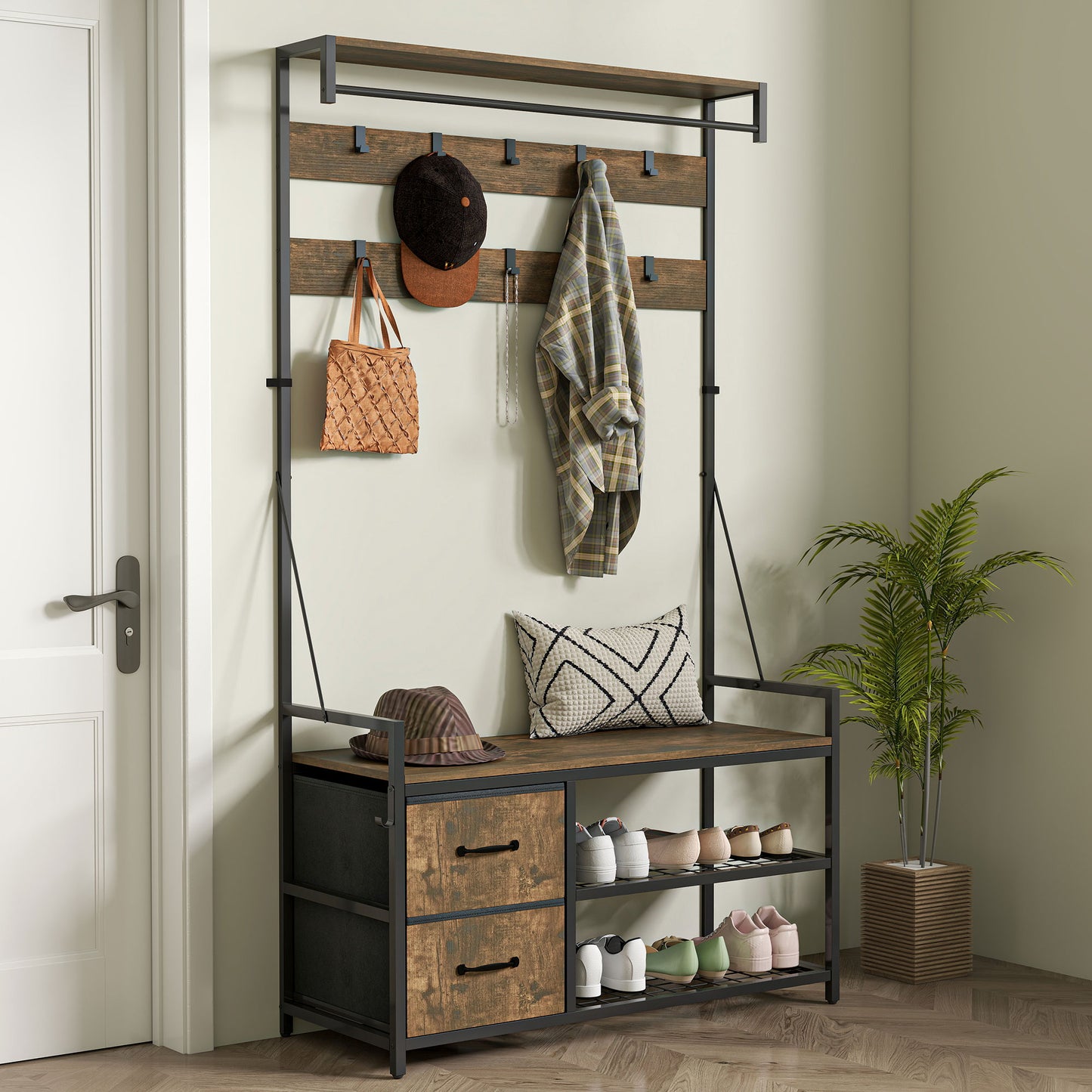 HOMCOM 6-In-1 Hall Tree with Bench and Shoe Storage, Coat Rack Shoe Bench with 10 Hooks, 2 Fabric Drawers, Rustic Brown