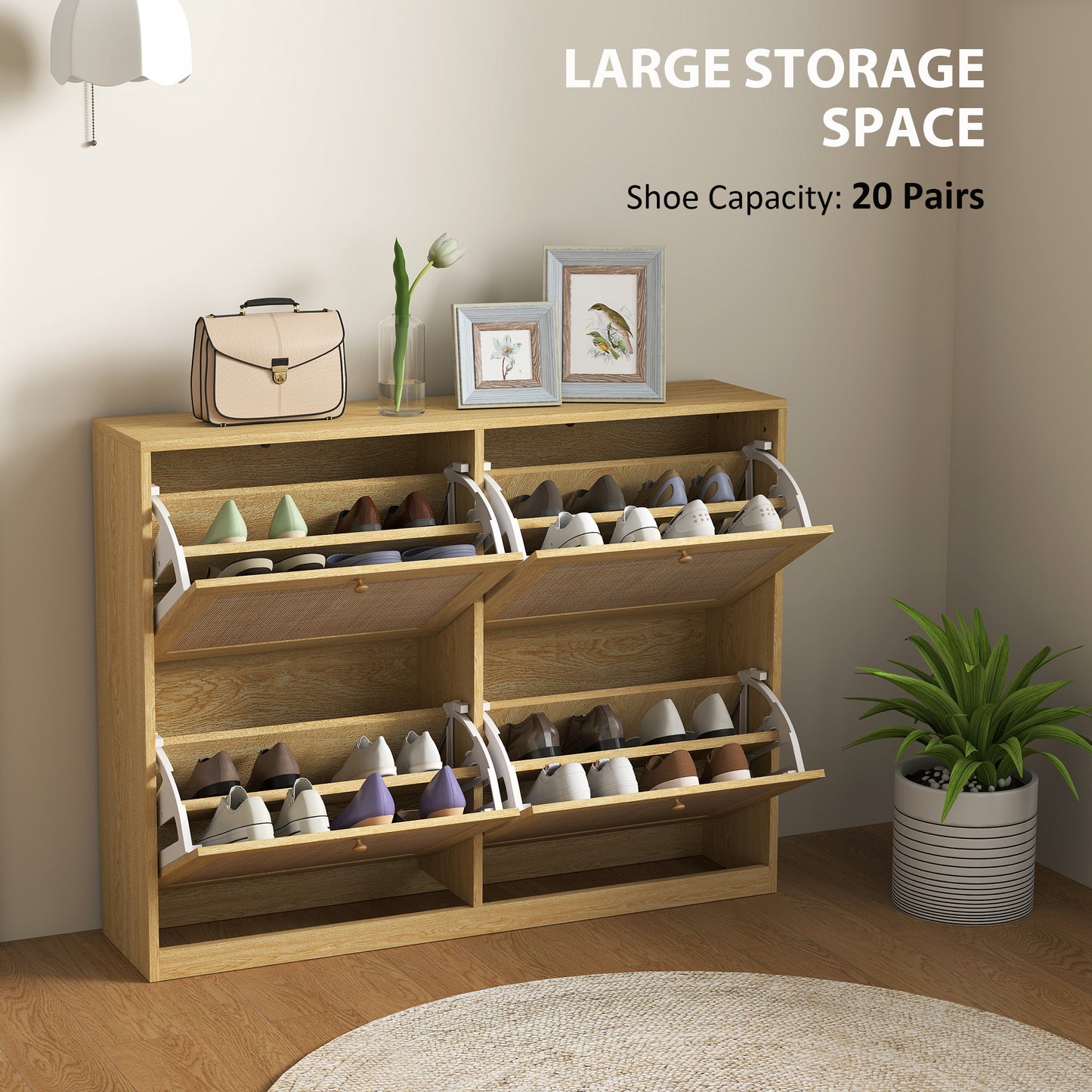 HOMCOM Narrow Shoe Storage Cabinet, Rattan Shoe Cabinet with 4 Flip Drawers and Adjustable Shelves for 20 Pairs, Black
