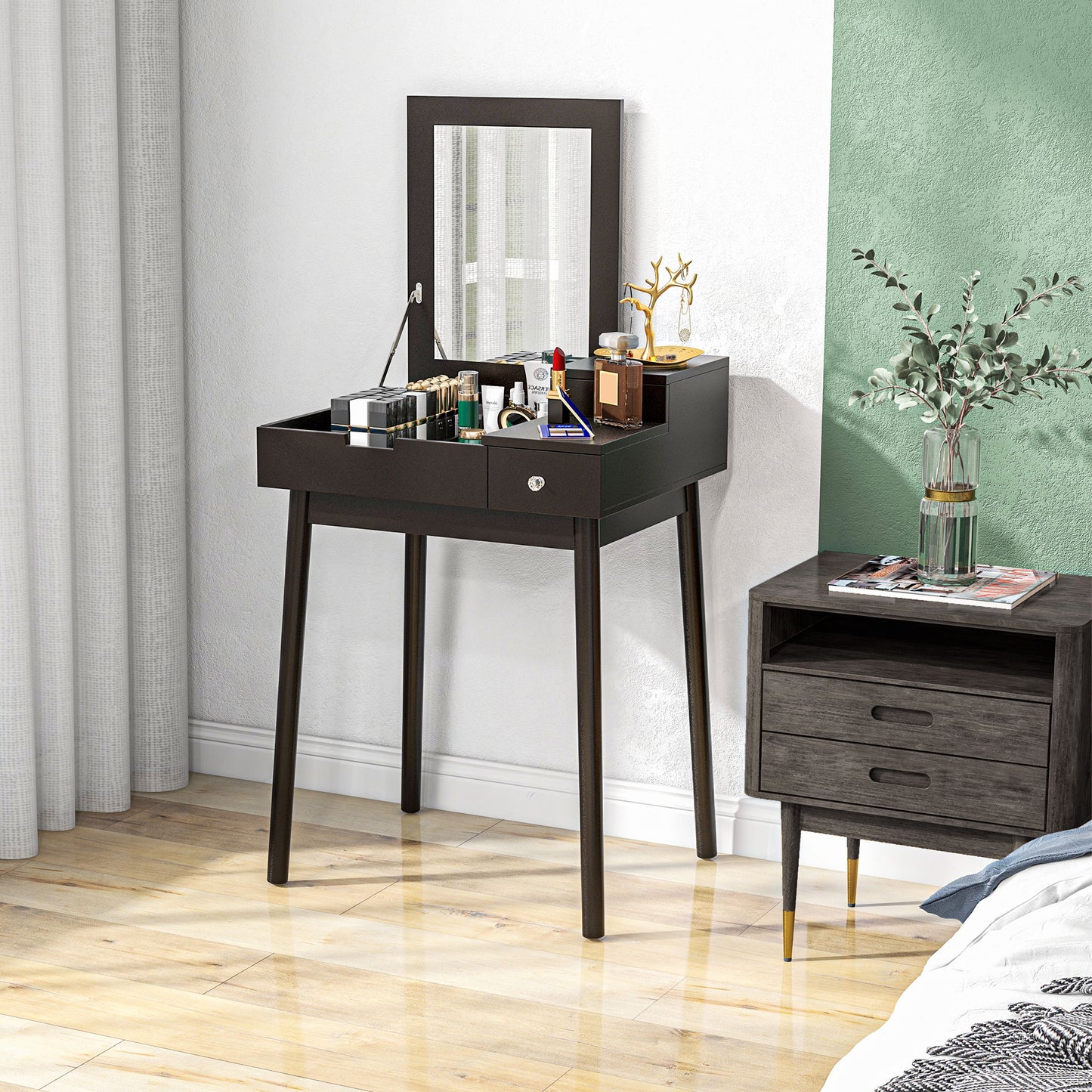 HOMCOM Makeup Vanity Table with Flip-up Mirror, Modern Dressing Table with 2 Drawers for Bedroom, White
