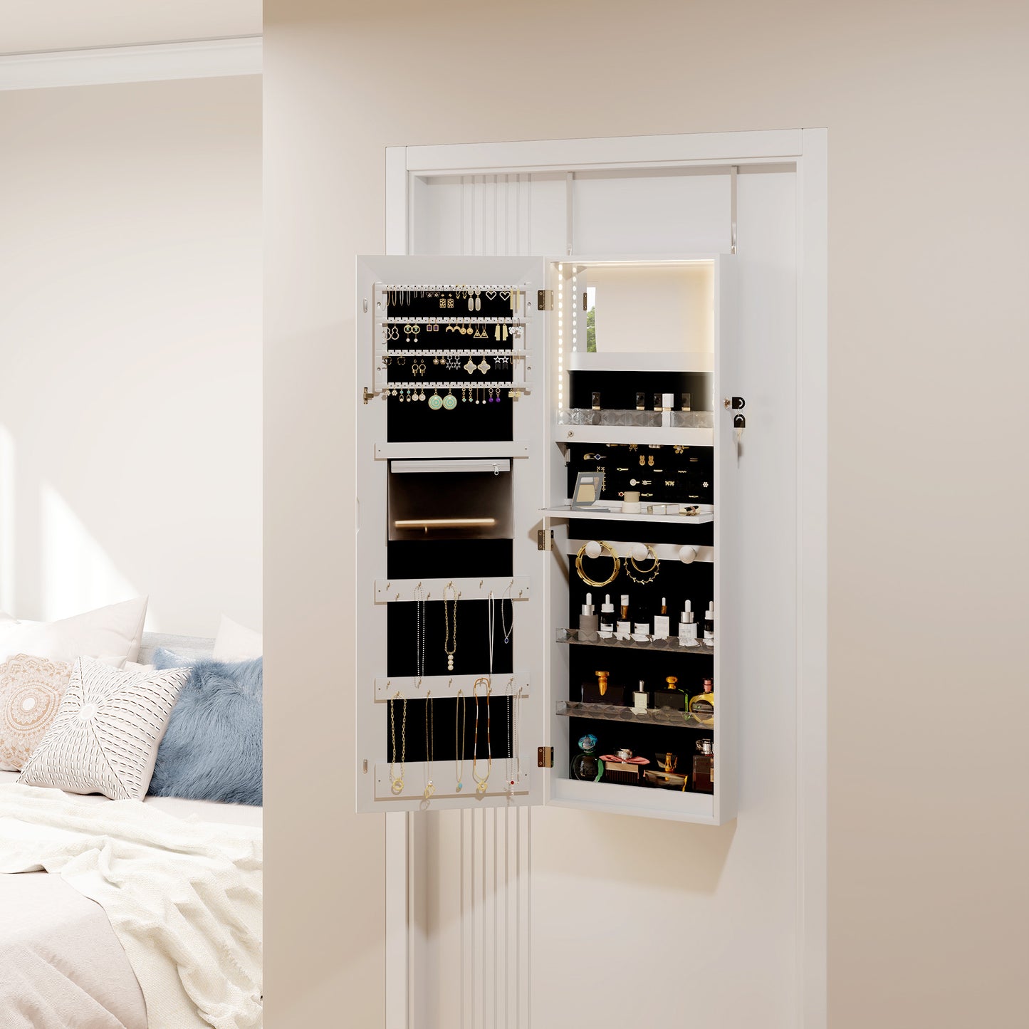 HOMCOM LED Lighted Jewelry Armoire with Mirror Jewelry Cabinet with Storage Lockable Door/Wall Mounted Jewelry Organizer, White