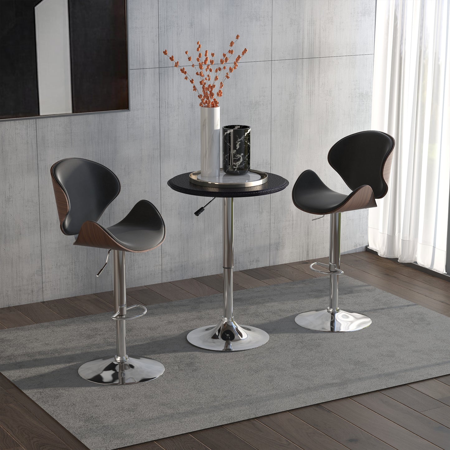 HOMCOM Modern Round Bar Table Adjustment Height Home Pub Bistro Desk Faux Leather Covered Wooden Top Chrome Base Black