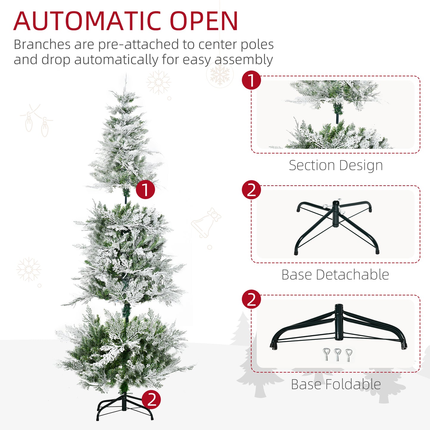 HOMCOM 7.5 Feet Pencil Snow Flocked Artificial Christmas Tree with 880 Realistic Cypress Branches, Auto Open, Green